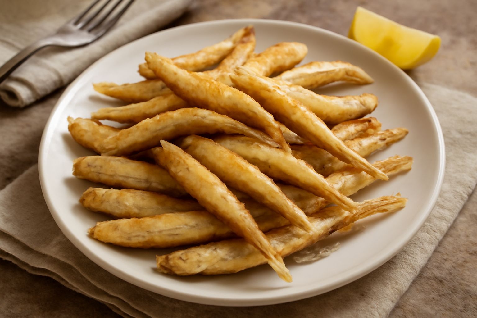 Alborelle fritte dorate e croccanti disposte a ventaglio nel piatto bianco, con una fetta di limone fresco e prezzemolo spolverato