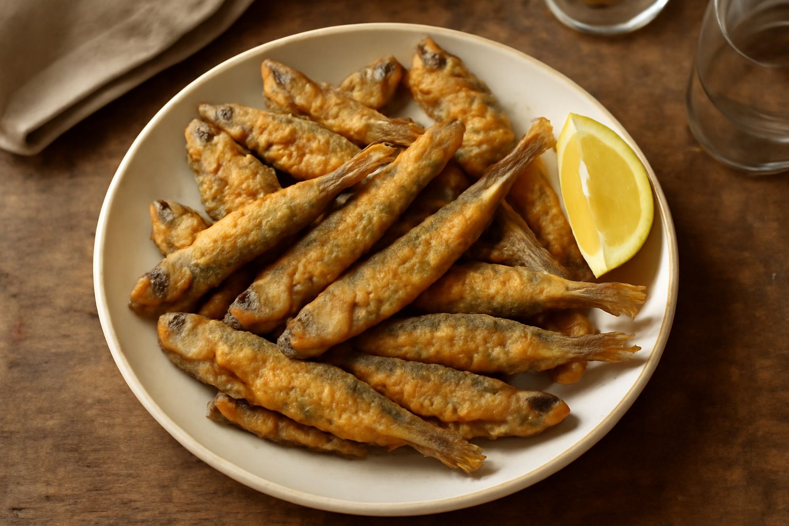 Alborelle fritte dorate e croccanti disposte su un piatto bianco, con limone fresco affettato di lato e un filo di olio d'oliva, vapore leggero ancora visibile