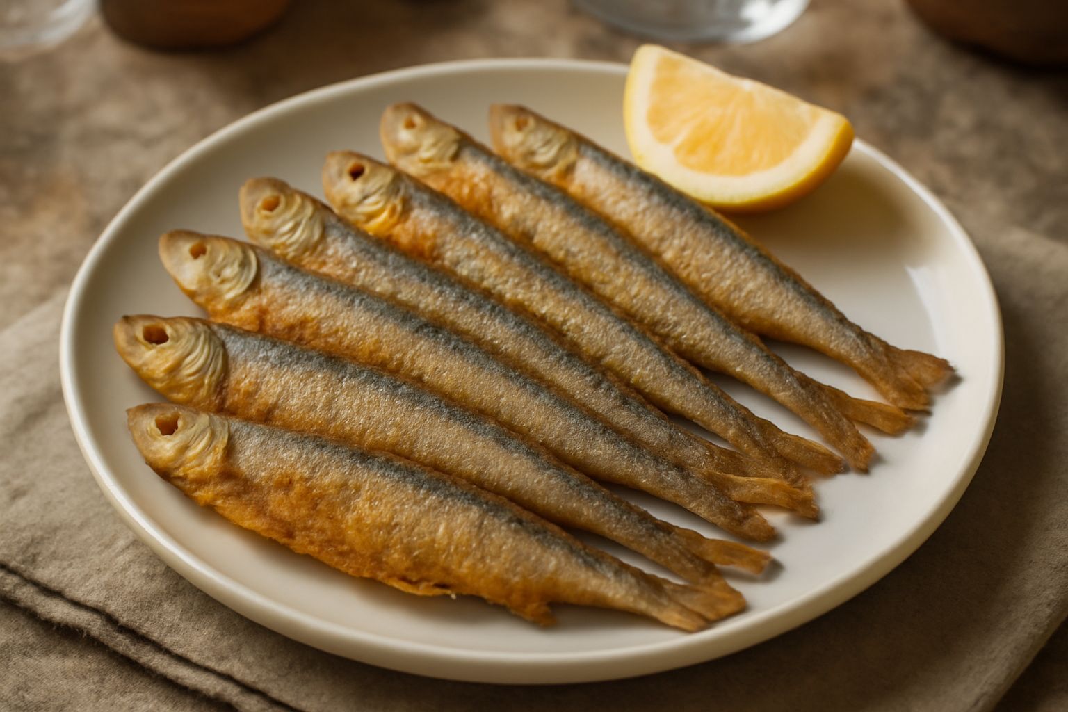 Alborelle intere fritte, dorate e croccanti, disposte su un piatto bianco con fette di limone fresco e una ciotola di sale marino a lato, su uno sfondo grigio neutro