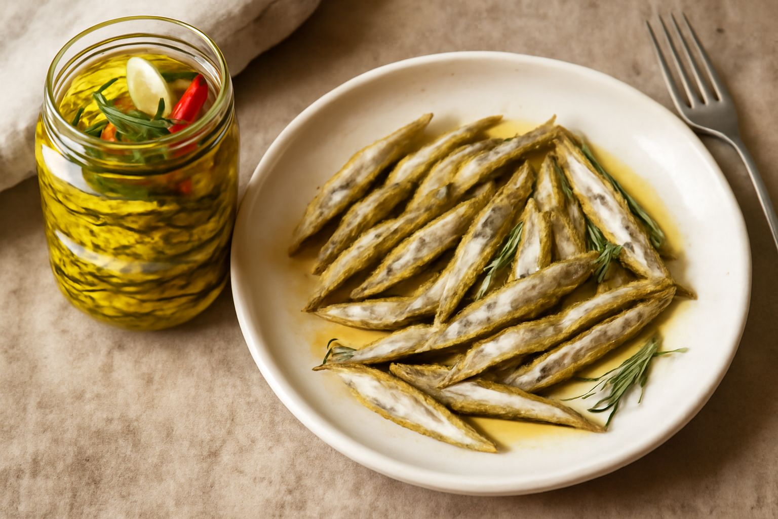 Vaso di vetro trasparente con alborelle dorate immerse in olio trasparente, guarnite con rametti di rosmarino fresco e peperoncini rossi, su sfondo bianco con luce naturale