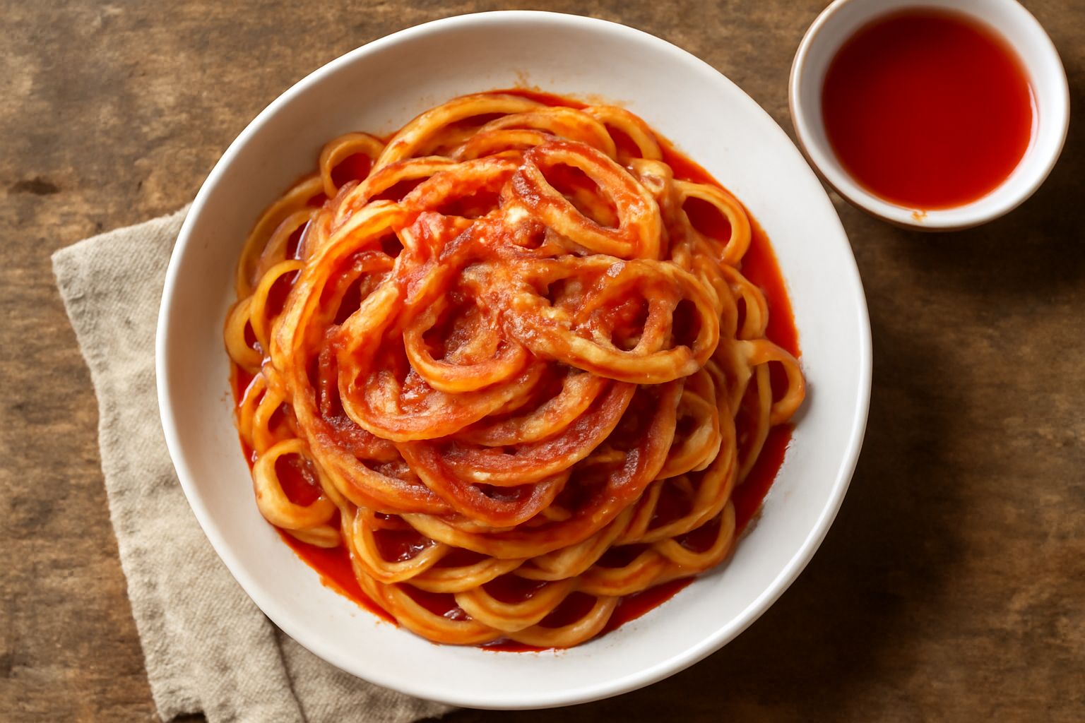 Alchermes di colore rosso brillante in bottiglia di vetro scuro, con specie visibili, accanto a una tazza di vetro contenente il liquore e una fetta di panettone inumidita