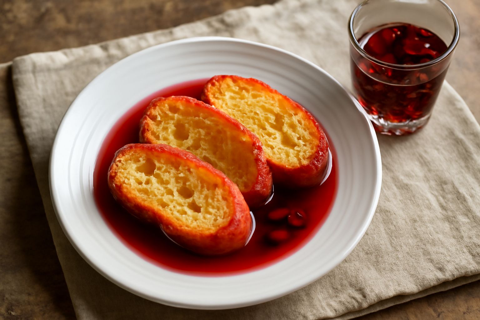 Bicchiere di alchermes marchigiano color rosso scuro, trasparente, con chiodi di garofano visibili, accanto a bottiglia di vetro scuro su tavolo di legno, sfondo sfocato
