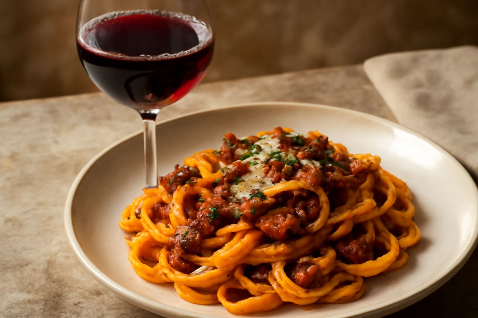 Bicchiere di cristallo con vino Aleatico Toscano color rubino scuro, con riflessi granato, su tavolo di legno accanto a grappolo d'uva scura e fichi secchi