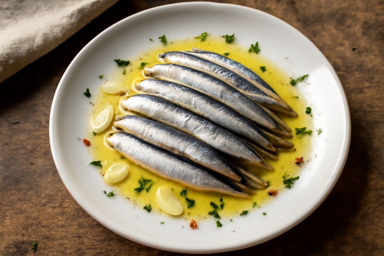Alici marinate disposte in un piatto bianco con olio dorato, spicchi di aglio sottile e prezzemolo fresco, accanto a una bottiglia di olio extravergine