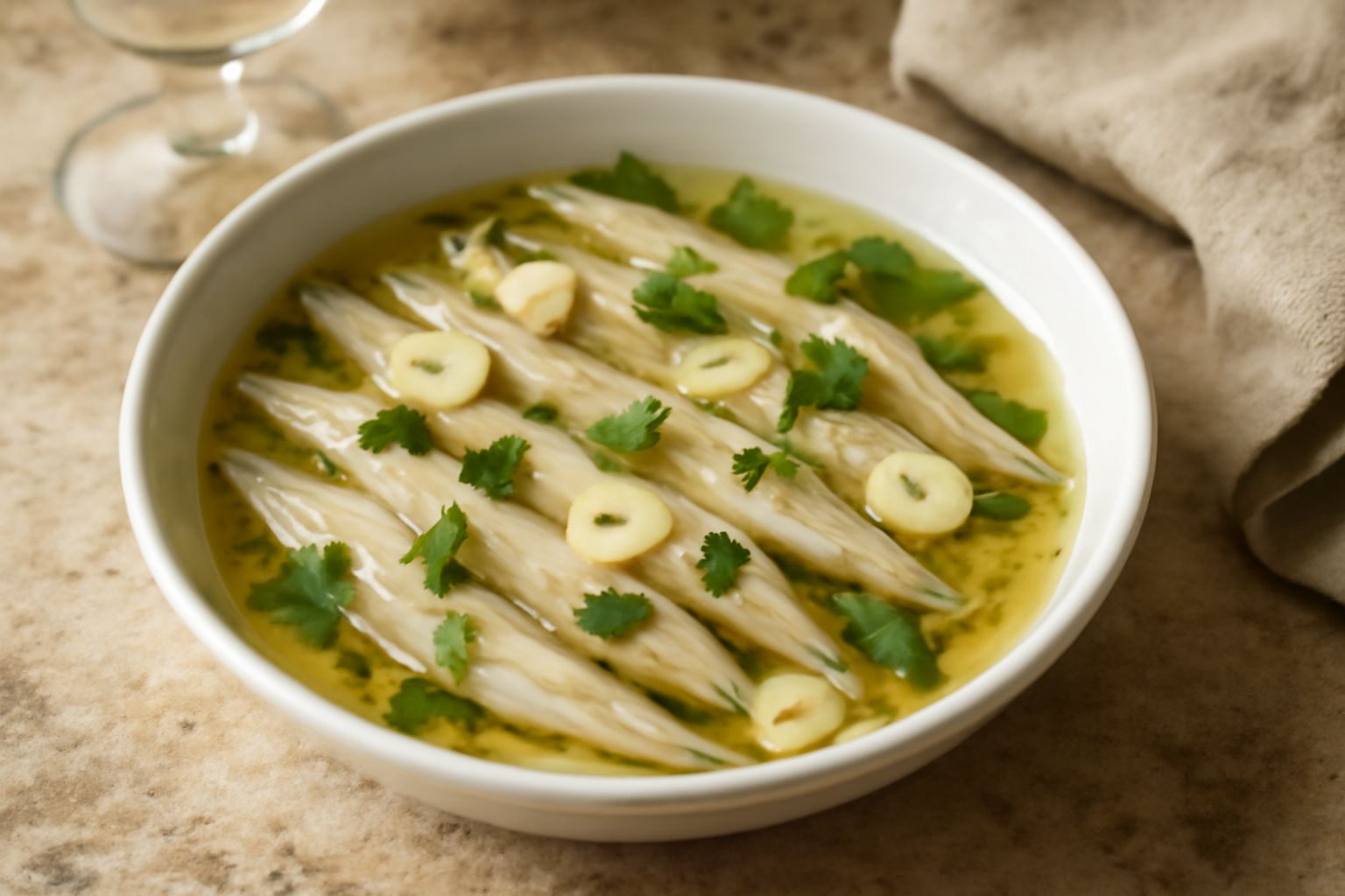 Filetti di alice bianca e translucida in una ciotola rettangolare con maritura trasparente, scaglie di aglio fresco, fettine di limone giallo e foglie di prezzemolo verde piatto spargute in superficie