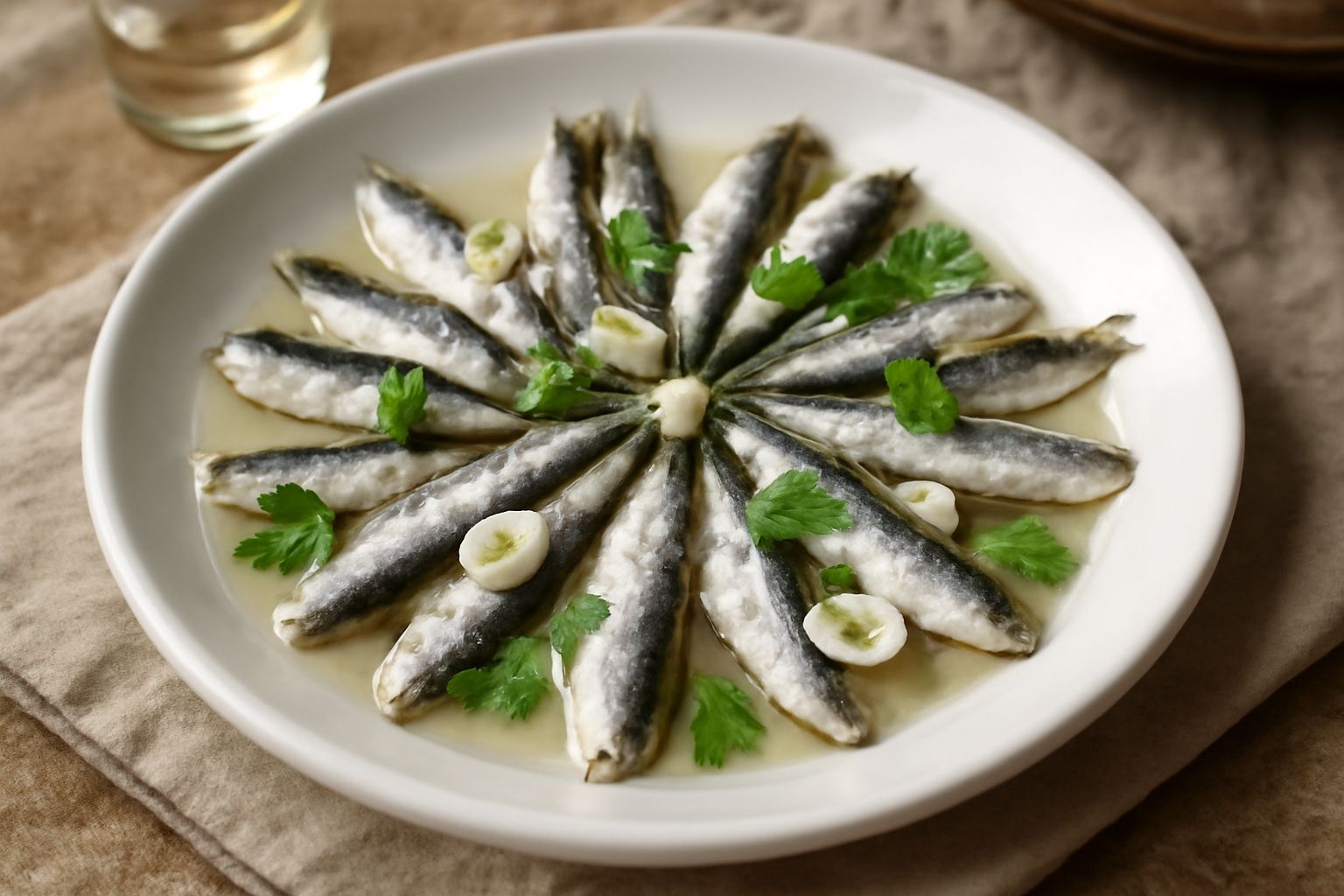 Piatto bianco con alici marinate argentate disposte a raggiera, marinata trasparente con fette di aglio, foglie di alloro verdi sparse sopra e intorno