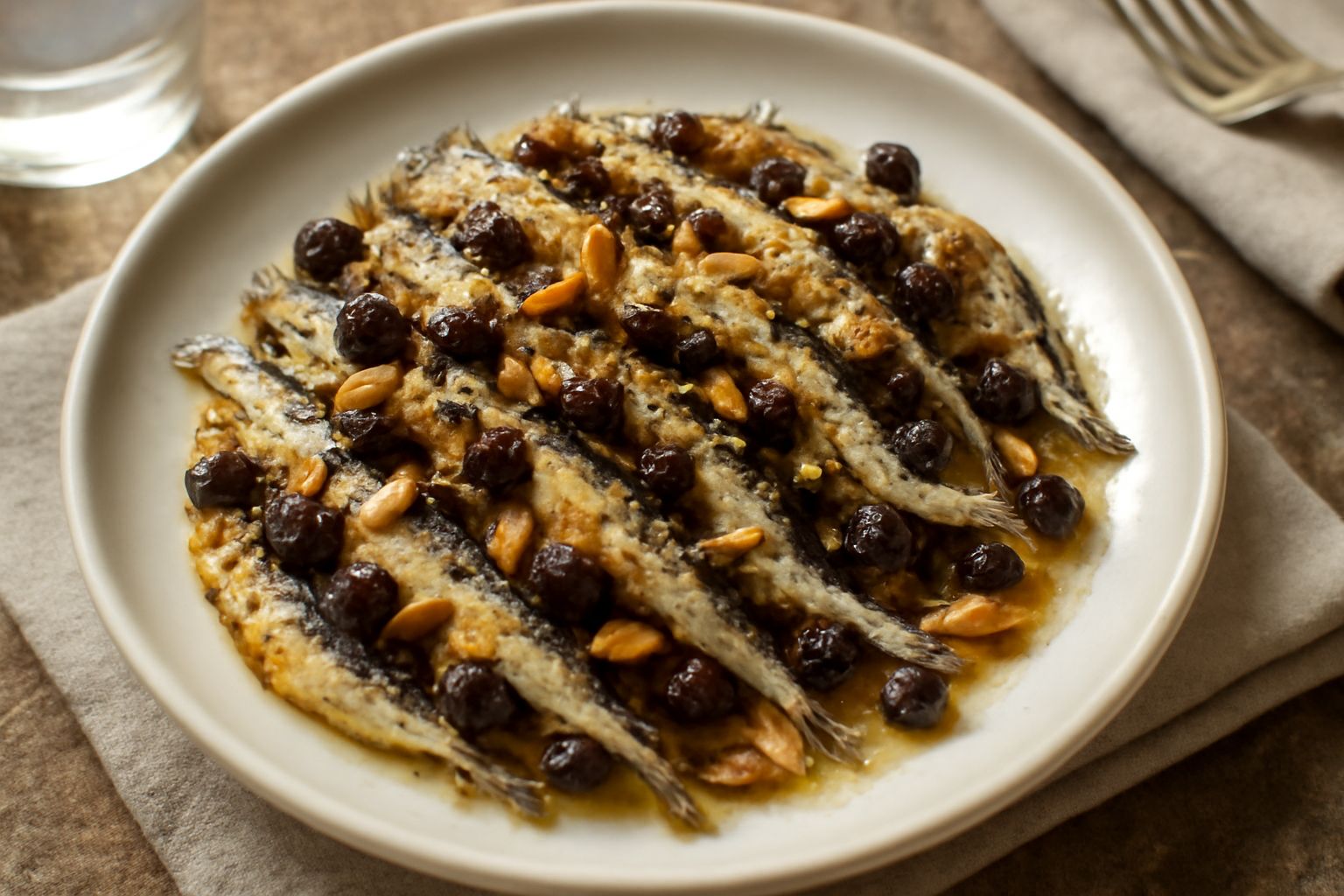 Alici alla palermitana in un piatto bianco: filetti dorati di acciughe con uvetta scura e pinoli tostati sparsi in superficie, un filo di olio d'oliva lucido, aglio affettato ai lati, aceto balsamico 