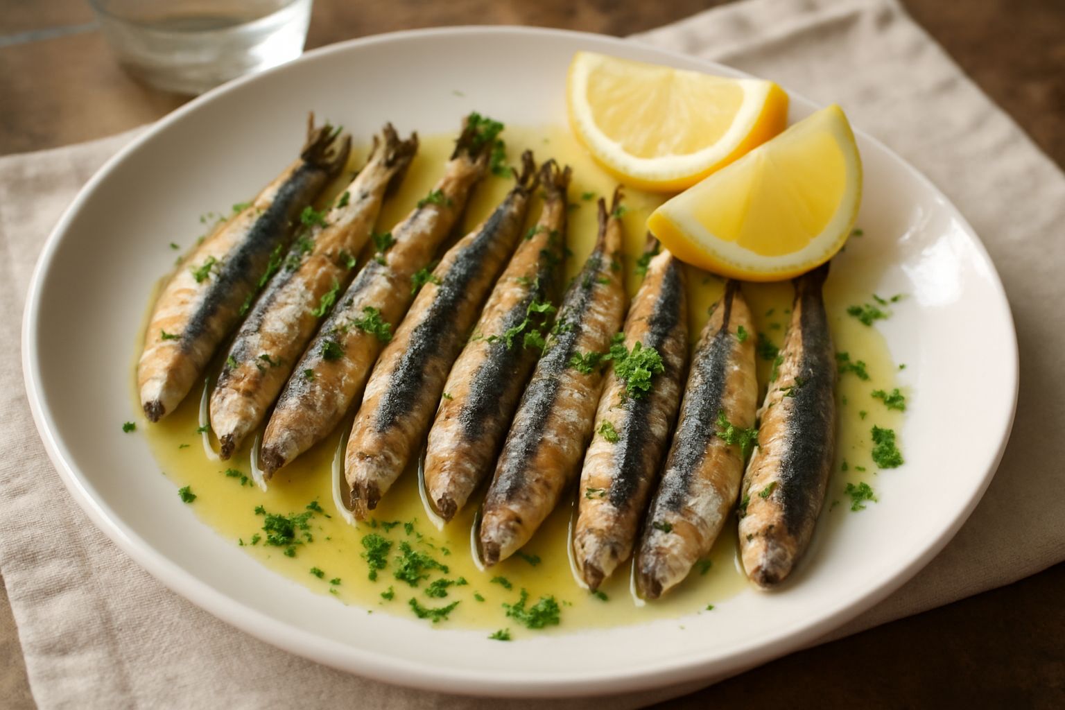 Alici dorate e croccanti disposte a ventaglio su una piastra nera ancora calda, cosparse di gocce d'olio d'oliva e limone fresco, con prezzemolo verde sullo sfondo