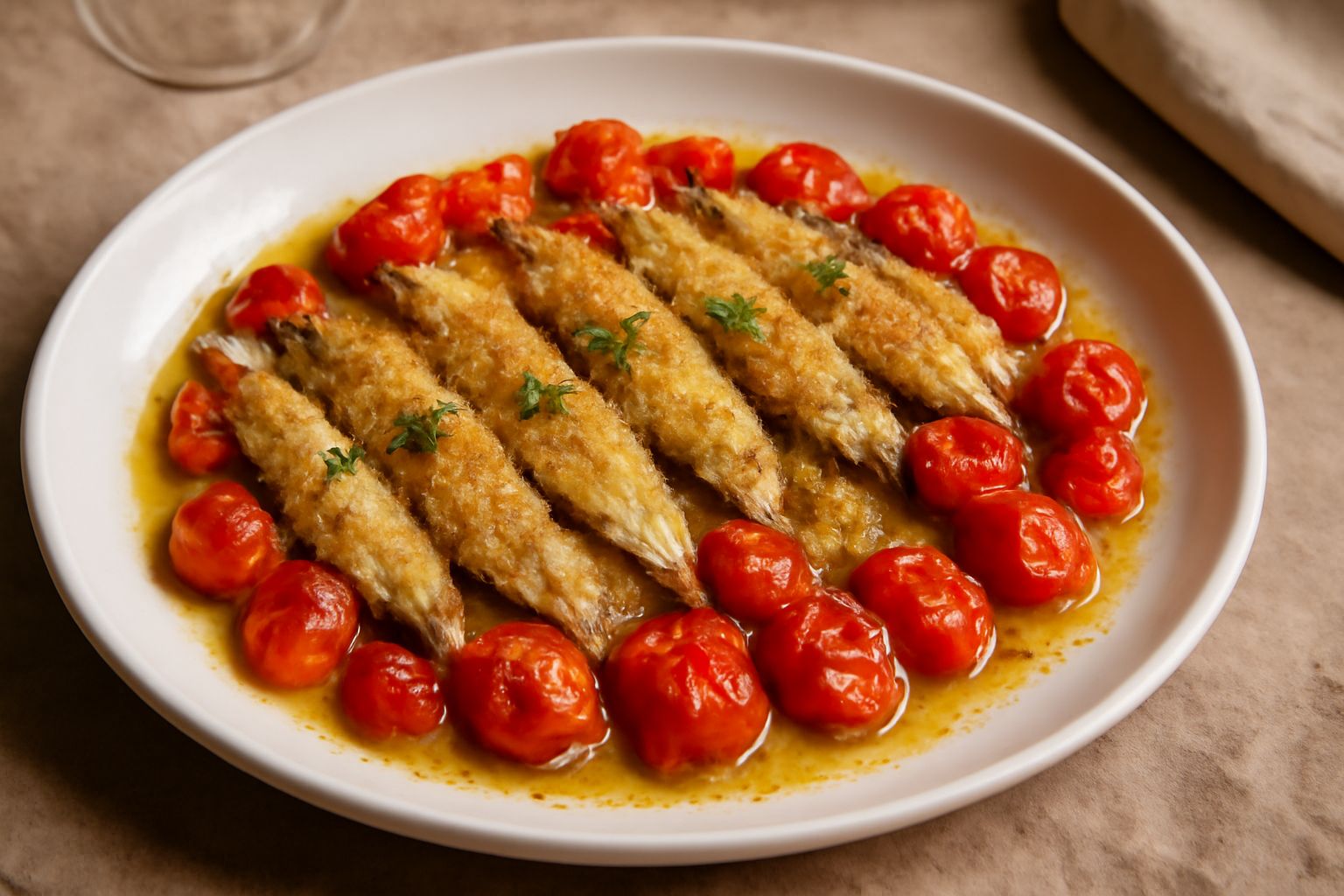 Alici al forno in piatto bianco, filetti dorati con panatura croccante, pomodorini rossi e originano fresco, olio d'oliva brillante