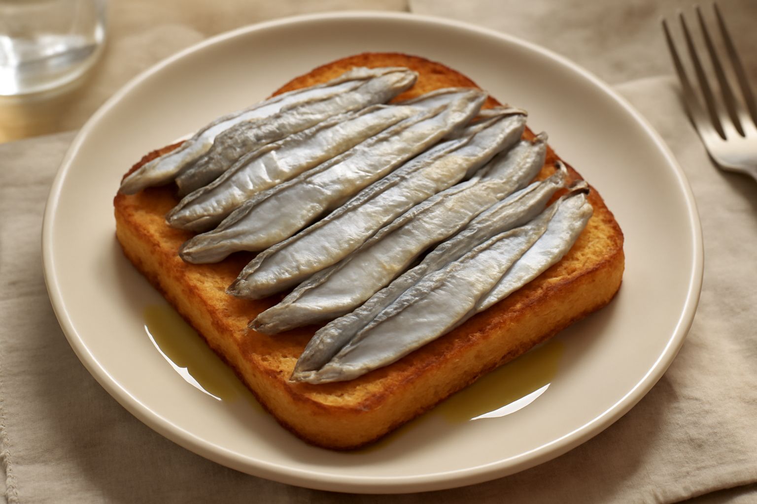 Fette di pane tostato croccante dorate servite su piatto bianco, ricoperte di filetti di alice argentati e lucidi, con gocce d'olio extravergine, limone fresco e prezzemolo verde trinciato