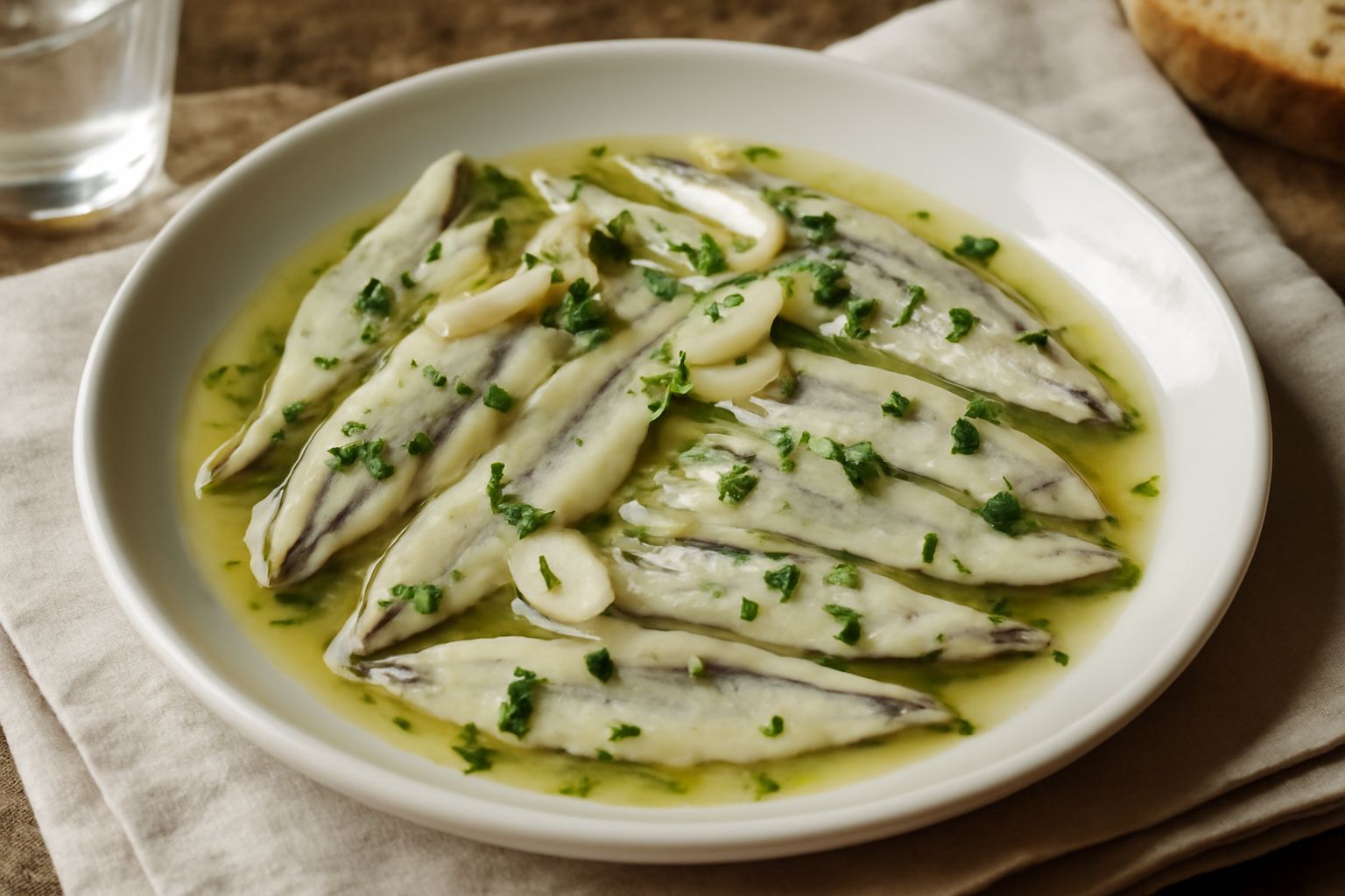 Alici fresche filettate e marinate in olio e limone, in un piatto bianco con spicchi di limone giallo, prezzemolo verde e aglio affettato, su tavolo di legno naturale