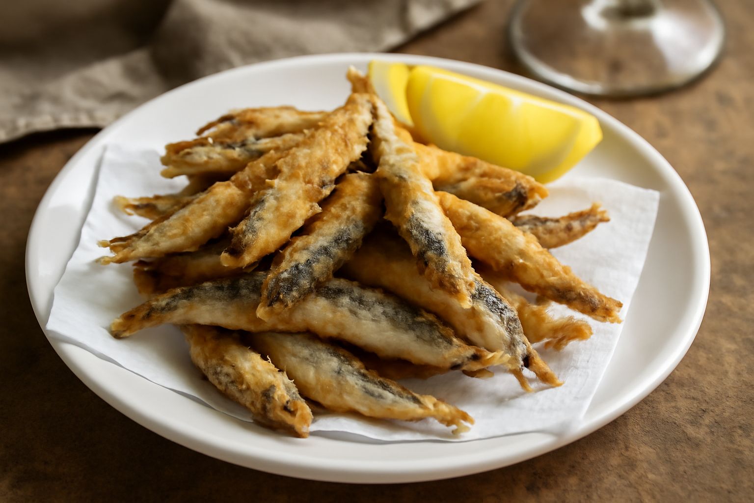 Alici fritte dorate e croccanti su carta bianca assorbente, in mucchietto disordinato con limone affettato e prezzemolo fresco, viste da vicino