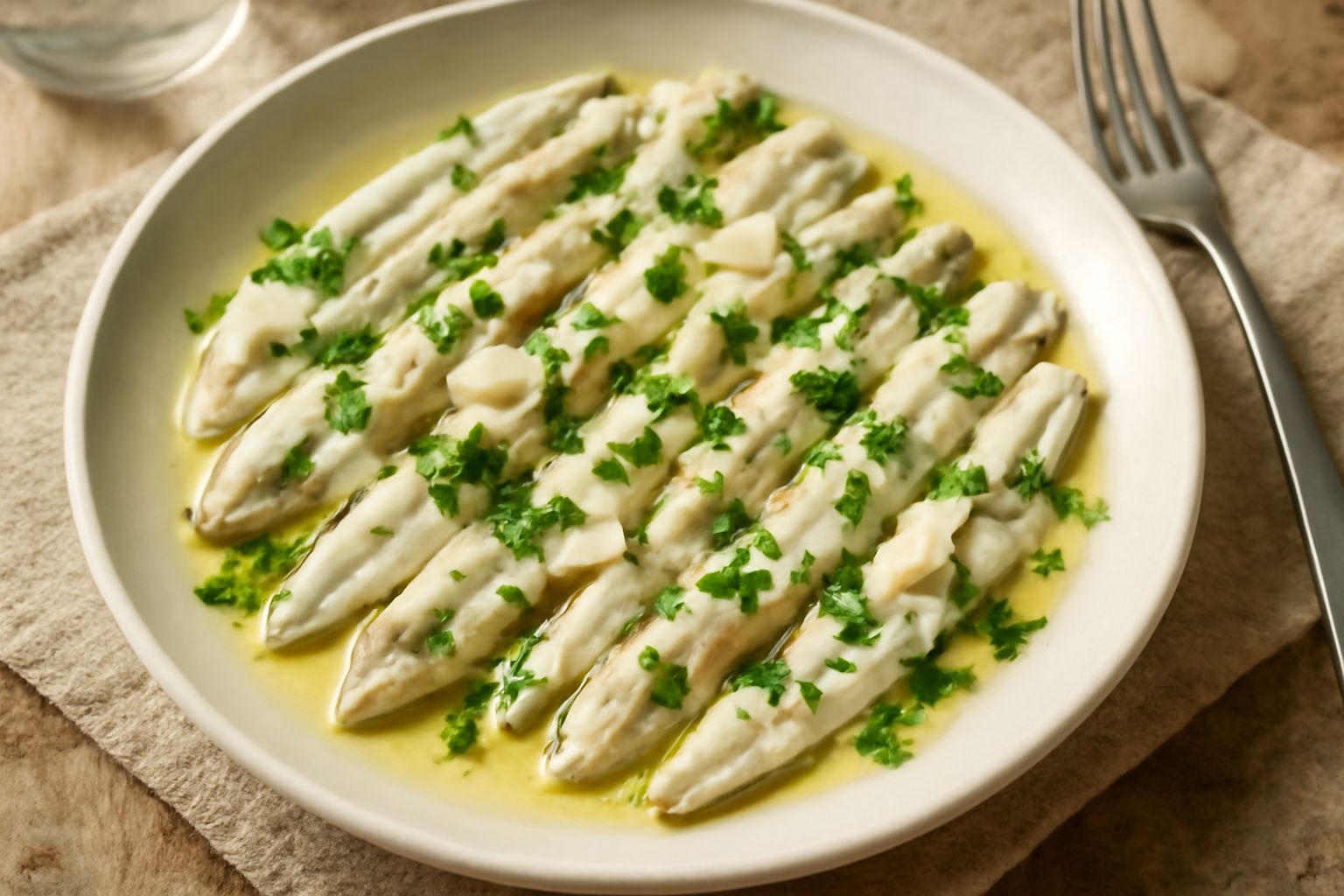 Filetti di alici bianche e trasparenti in un piatto bianco, ricoperti di aglio e prezzemolo fresco tritato, con aceto e olio in superficie lucida