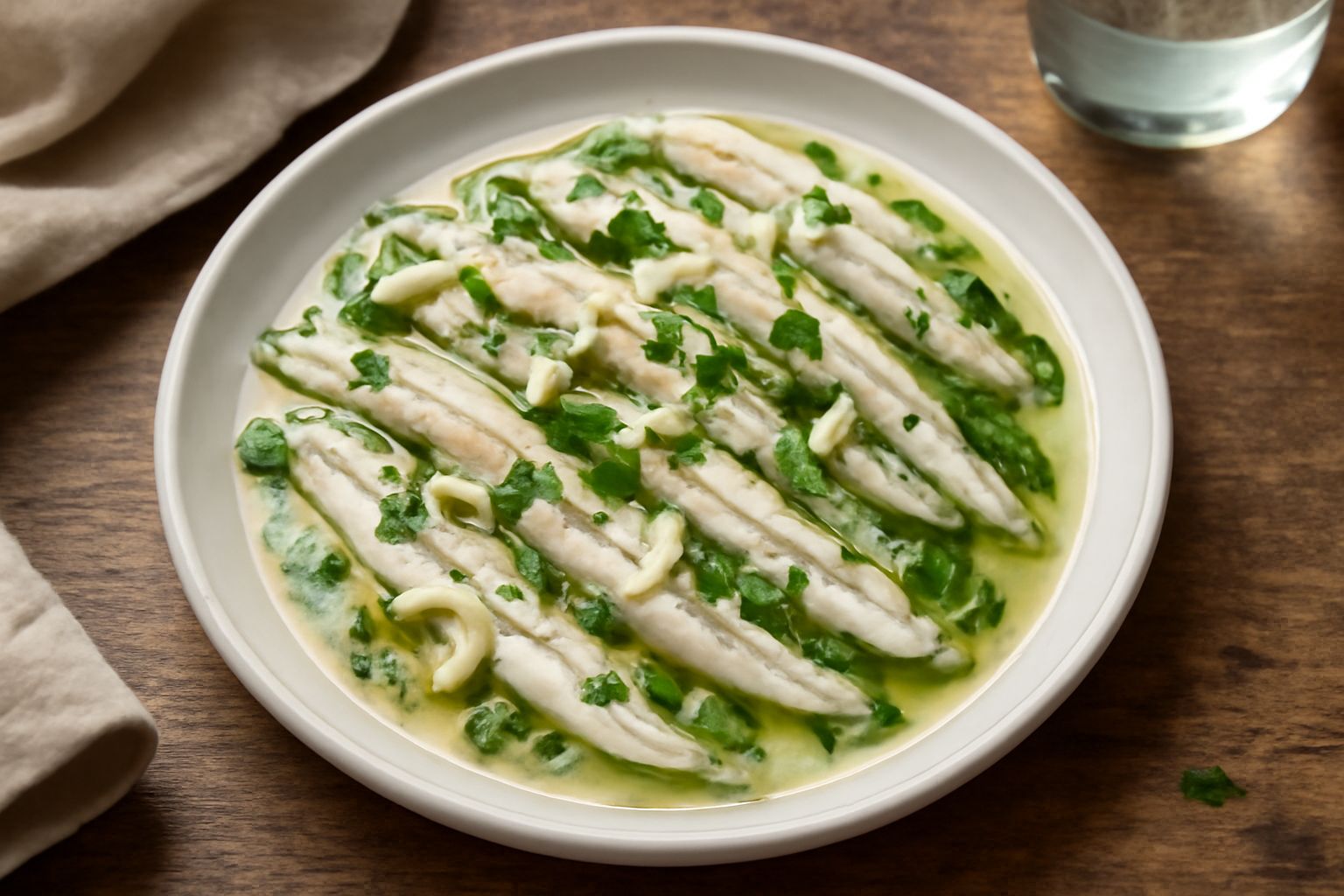 Alici in salsa in un piatto bianco: filetti biancastri coperti da salsa trasparente con aglio sottile e prezzemolo verde, accigliatelle di cipolla rosata in superficie, contorno di pane tostato ai lat