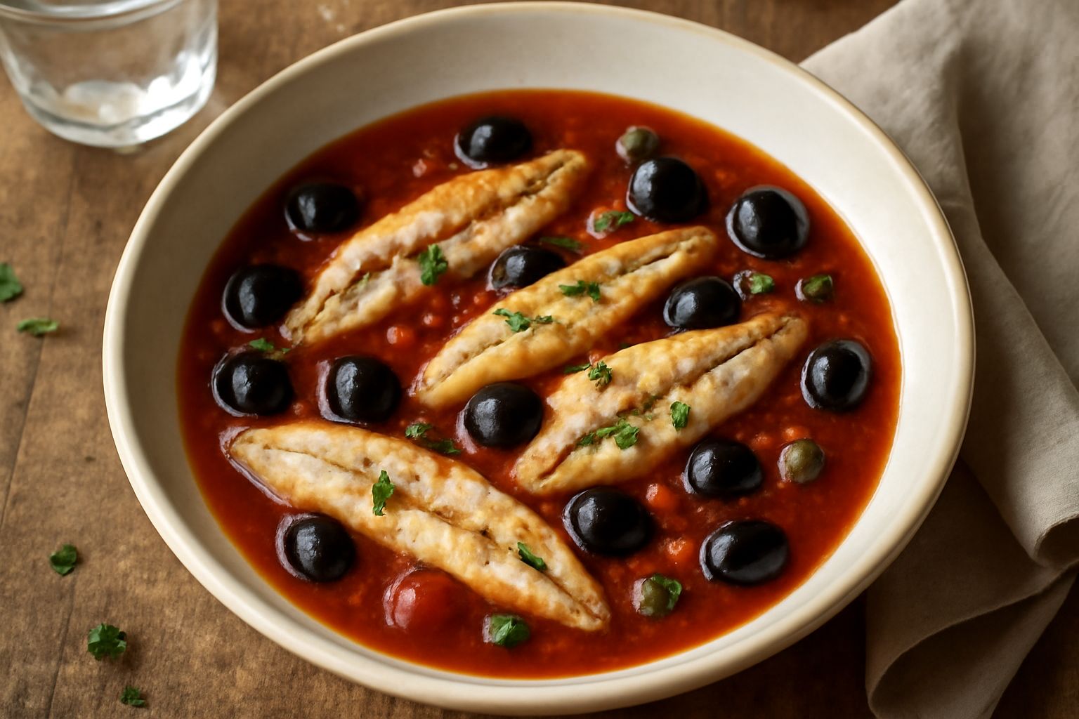 Piatto bianco con alici in umido: filetti biancastri e morbidi immersi in sugo rosso scuro, olive nere e capperi verdi sparsi in superficie, guarnito con prezzemolo fresco