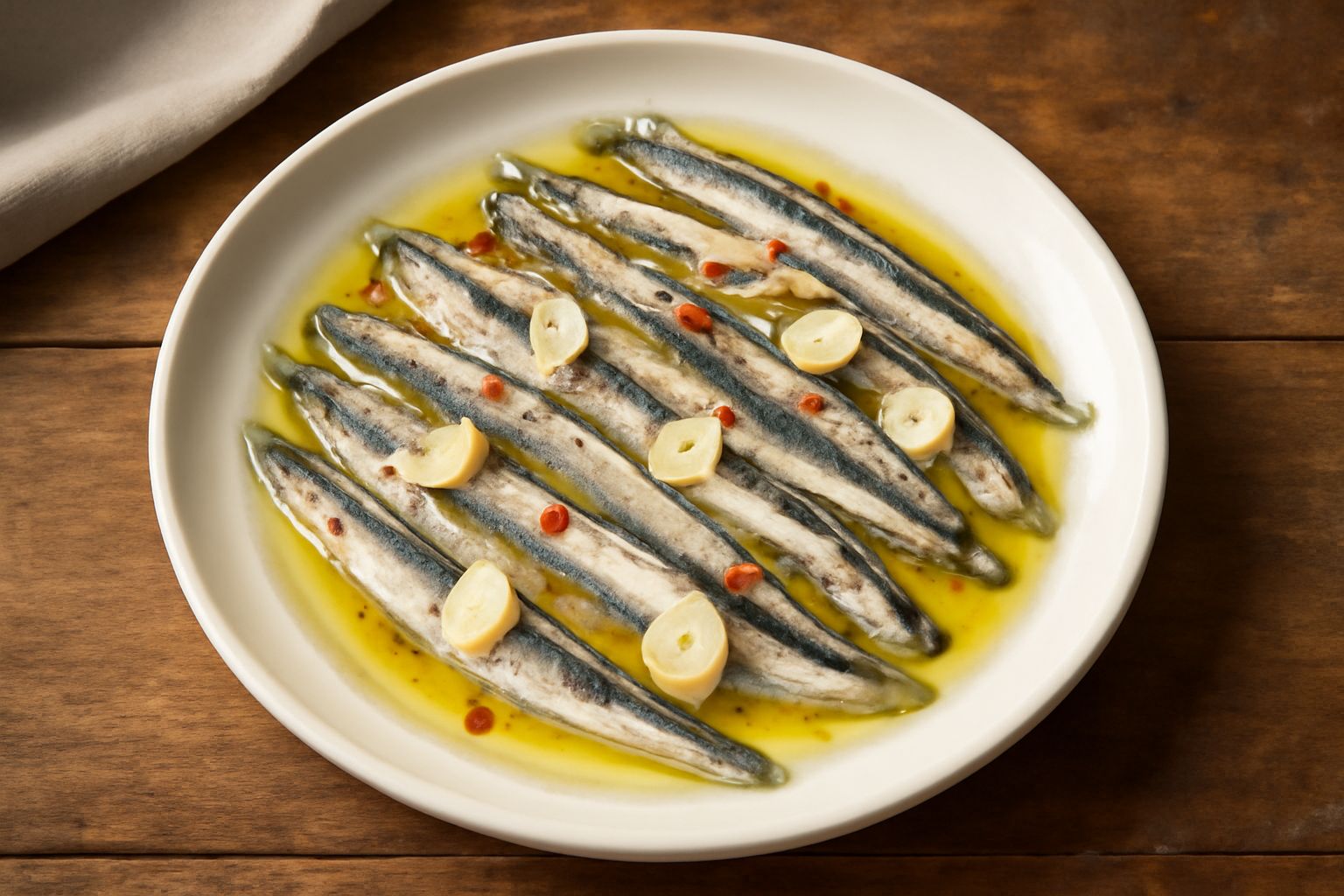 Alici marinate in un piatto bianco, filetti argentei disposti ordinatamente, ricoperti di olio trasparente, con fette di aglio bianco e peperoncino rosso visibile, guarnite con prezzemolo verde.
