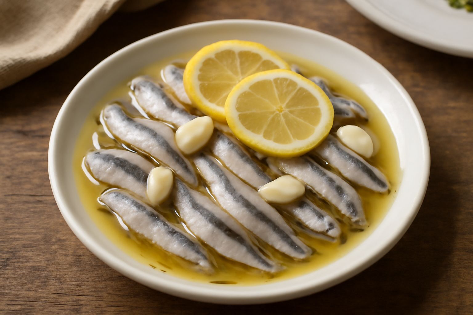Alici intere grigio-argentate e filetti in una ciotola bianca coperta di succo di limone giallo trasparente, con fettine di limone fresco, aglio sottile e prezzemolo verde sopra, su un piano grigio.