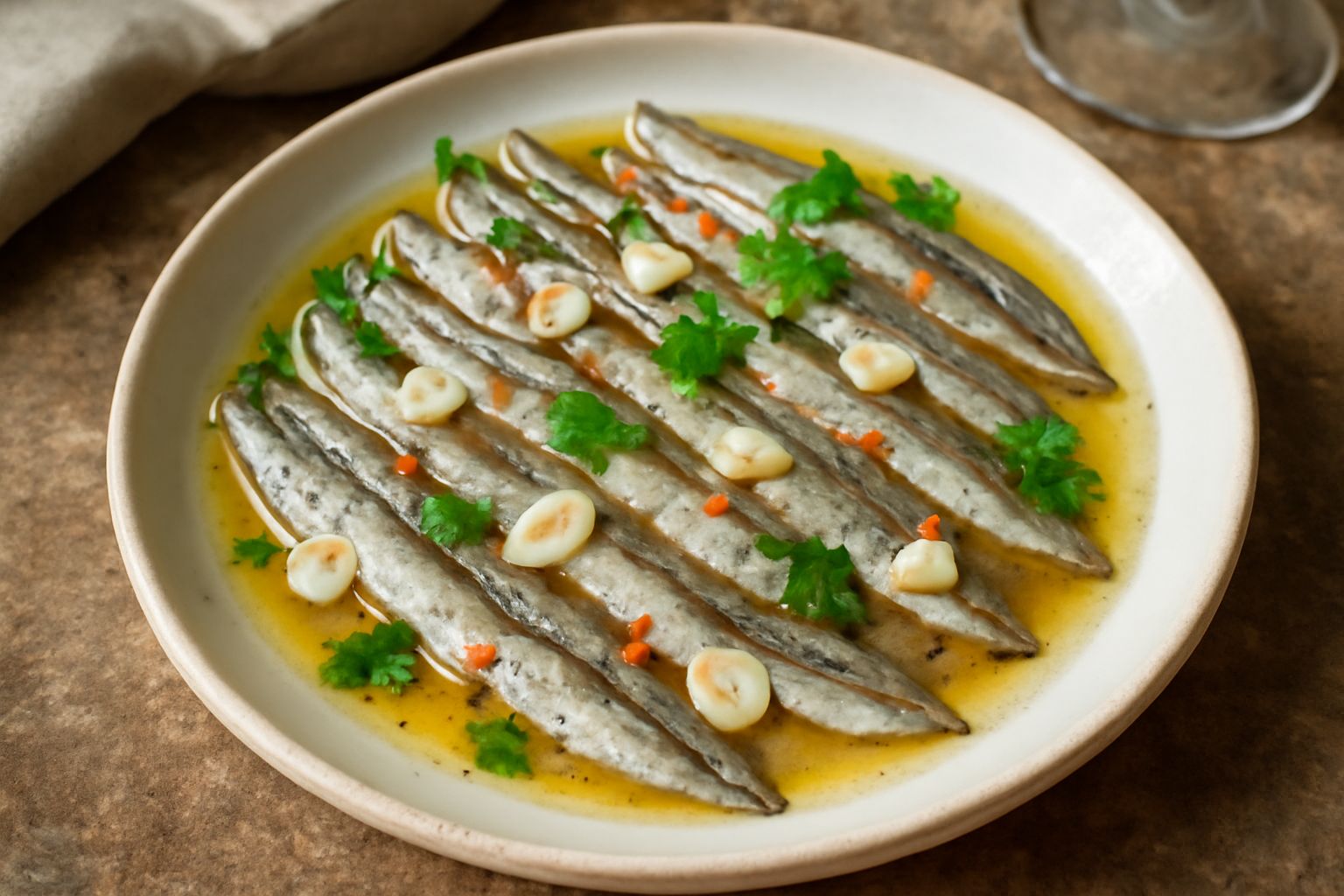 Alici marinate in aceto in un piatto bianco, filetti argentei e traslucidi immersi in liquido cristallino, guarnite con aglio affettato, peperoncino rosso e prezzemolo fresco verde