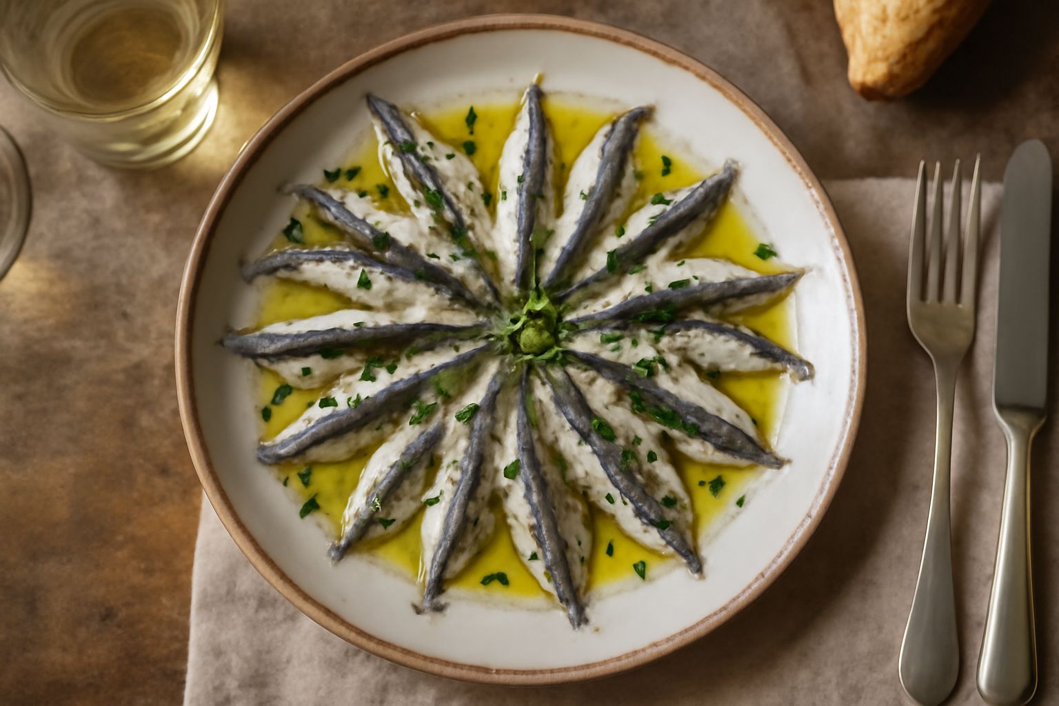 Filetti di alici salate disposti su un piatto bianco con gocce di olio di oliva, fettine di limone fresco e prezzemolo tritato