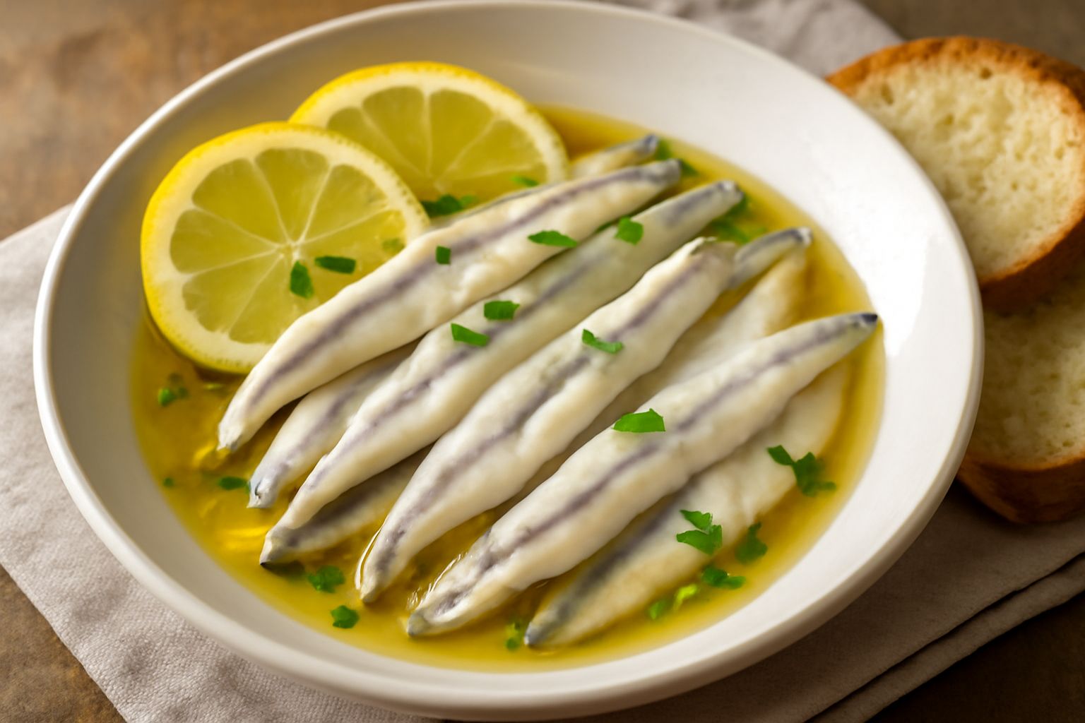 Alici bianche e trasparenti marinate in olio dorato, servite in una ciotola di ceramica bianca, con fette di limone giallo intorno, prezzemolo fresco e pane tostato in sottofondo