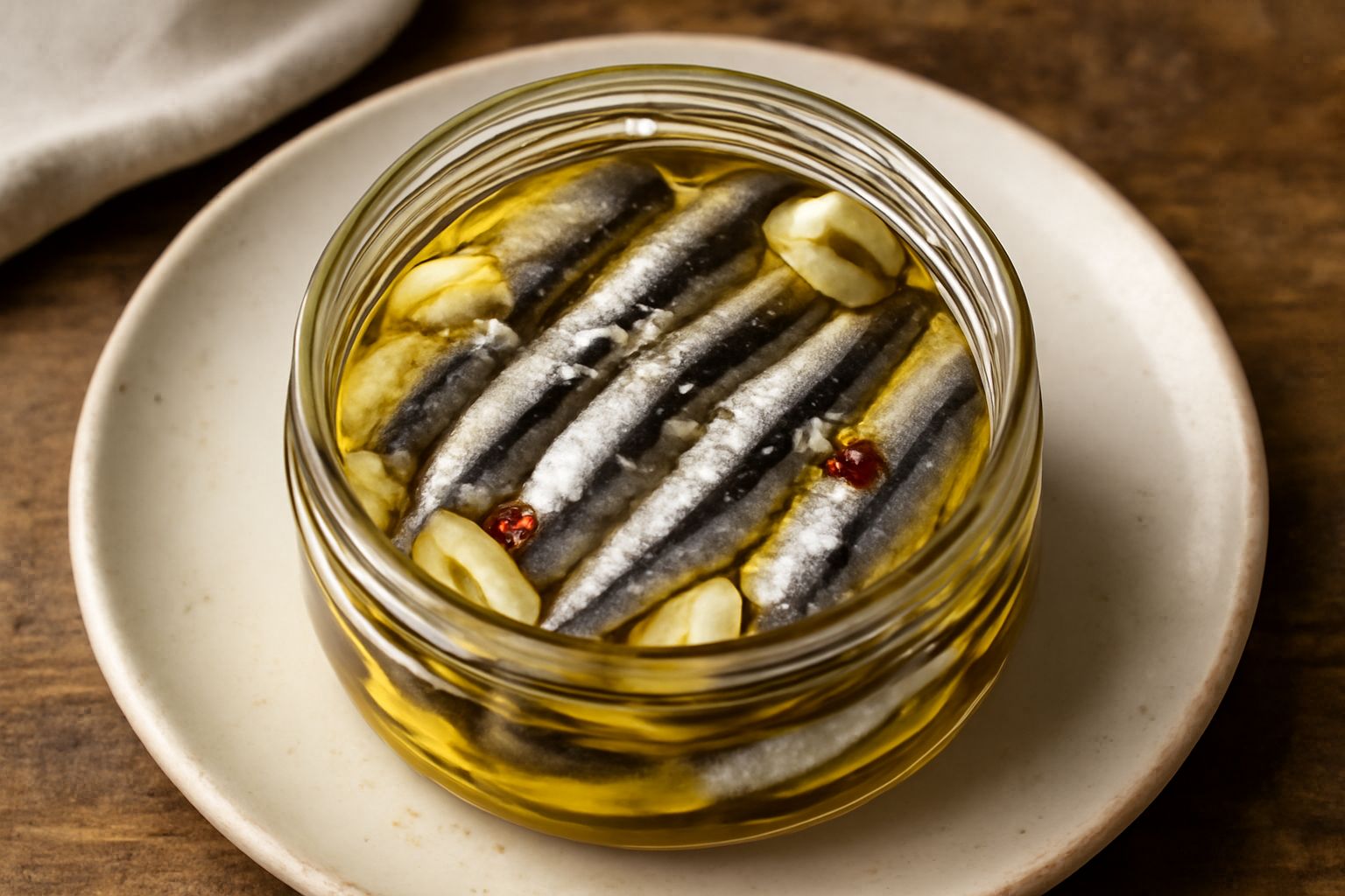 Alici sotto olio disposte in un barattolo di vetro trasparente, coperte completamente di olio color ambrato, con aglio affettato e peperoncino rosso tra i filetti argentei del pesce