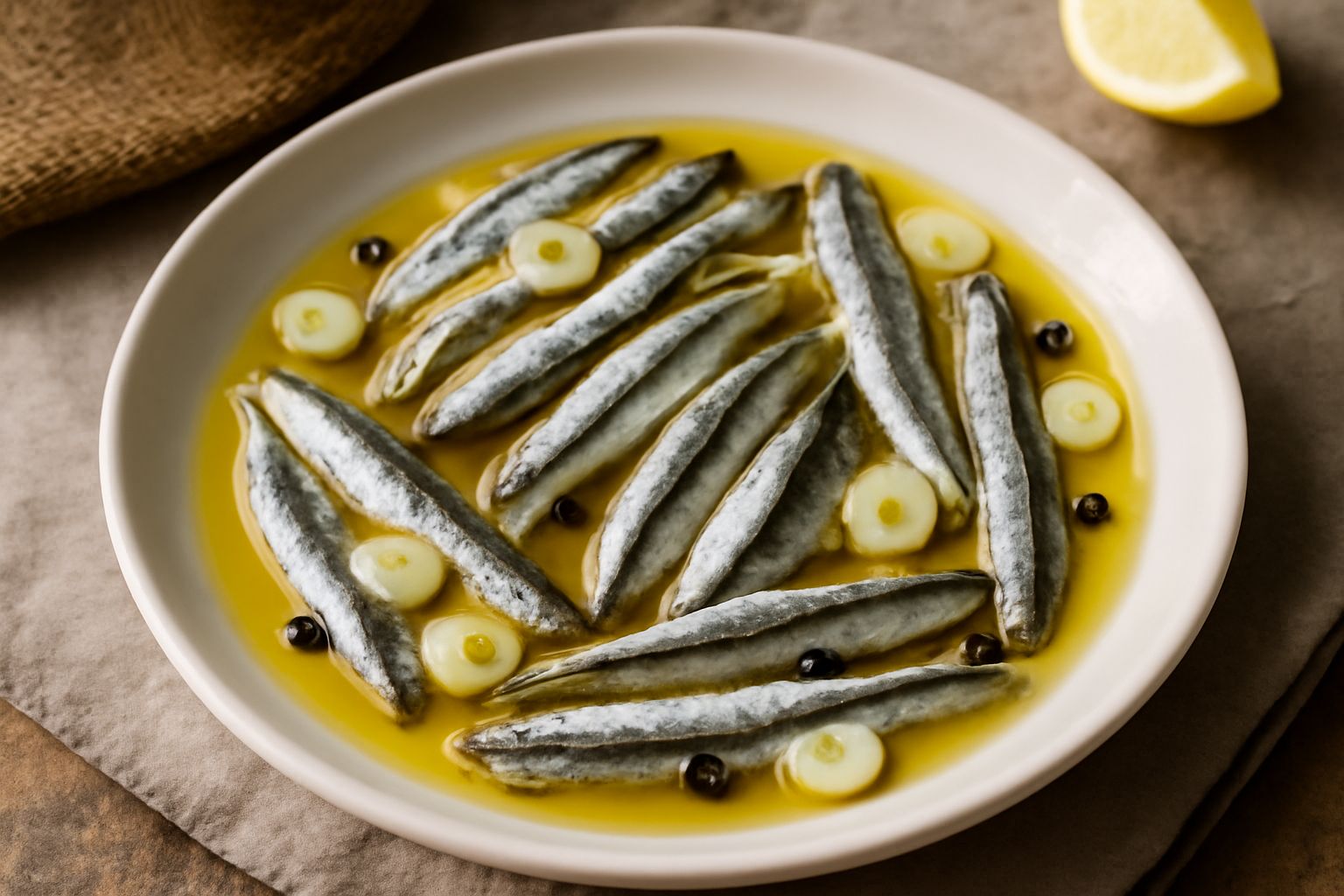 Alici sott'olio in un piatto bianco, disposte a raggiera con l'olio dorato che luccica, peperoncino rosso, aglio affettato e prezzemolo fresco sparso sopra