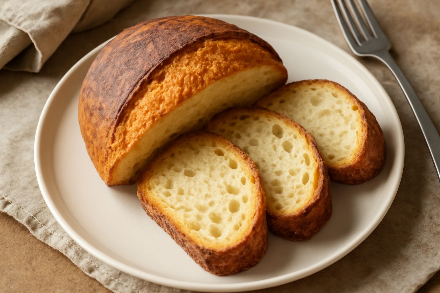 Pane di Altamura intero e affettato su tavolo di legno, crosta dorata e irregolare, mollica color crema con alveoli grandi e uniformi, farina bianca sulla superficie