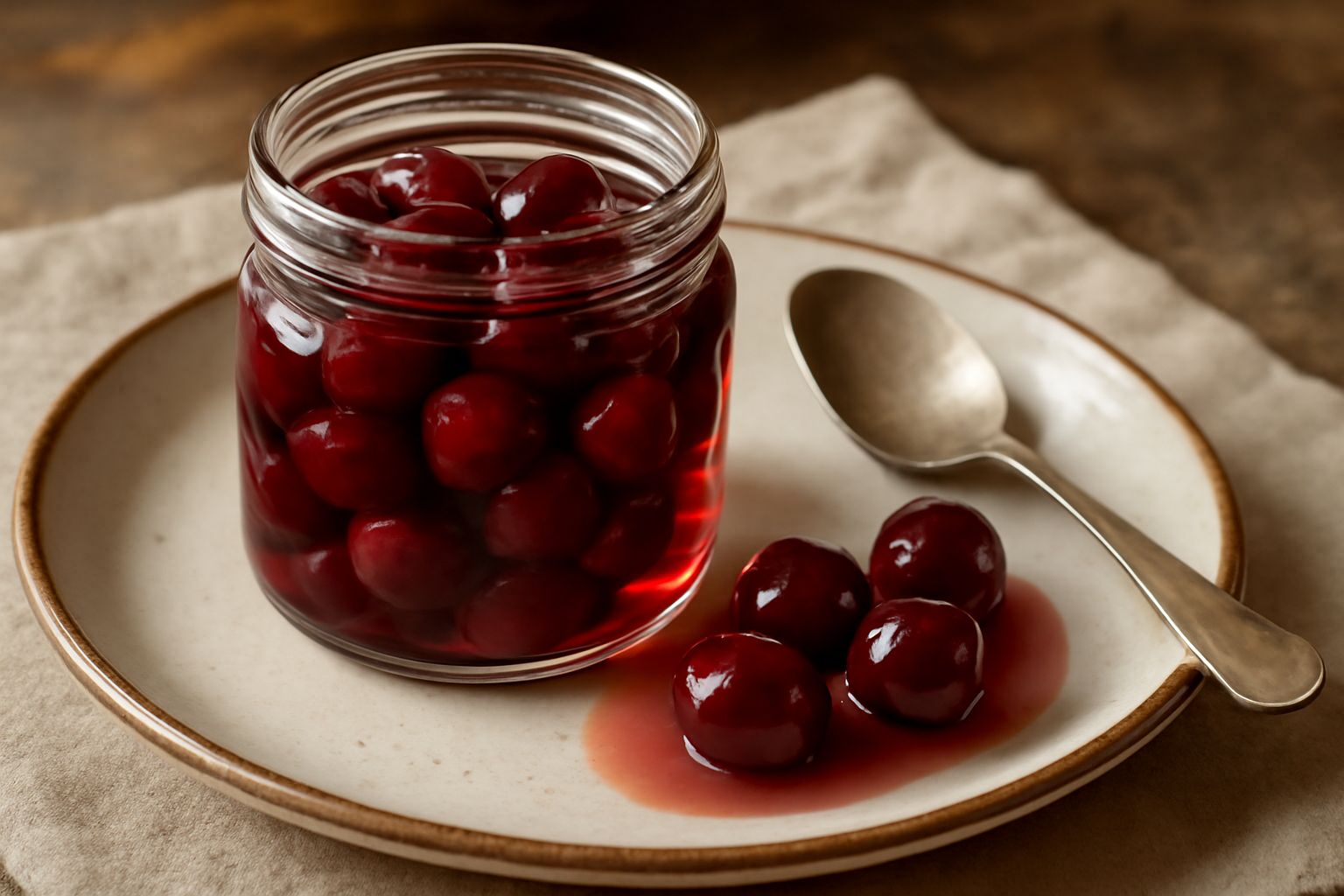 Barattolo di vetro con amarene rosse scure immerse in liquido trasparente con cristalli di zucchero visibili, chiuso con tappo di vetro, su fondo di legno naturale con una amarena singola accanto