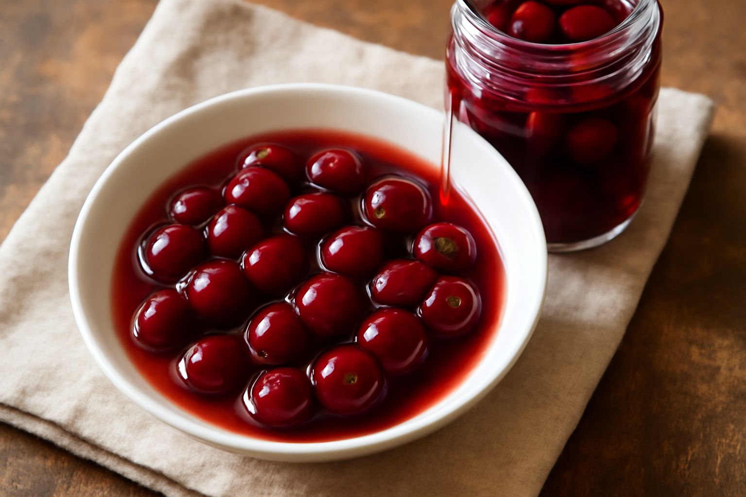 Barattolo di vetro con amarene intere rosse scuro immerse in sciroppo trasparente, chiuso con tappo bianco, su sfondo bianco con una amarena singola accanto e cucchiaio di legno