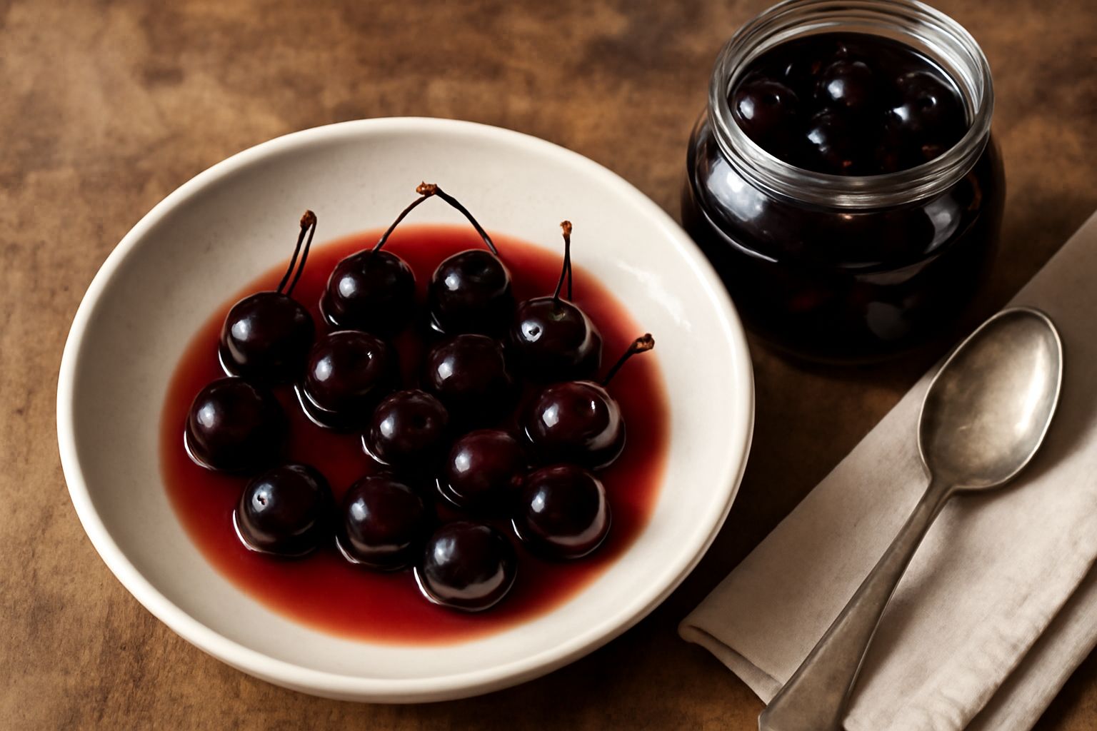 Barattolo di vetro con amarene scure e lucide immerse in liquido trasparente, frutti interi con i gambi, etichetta su sfondo bianco