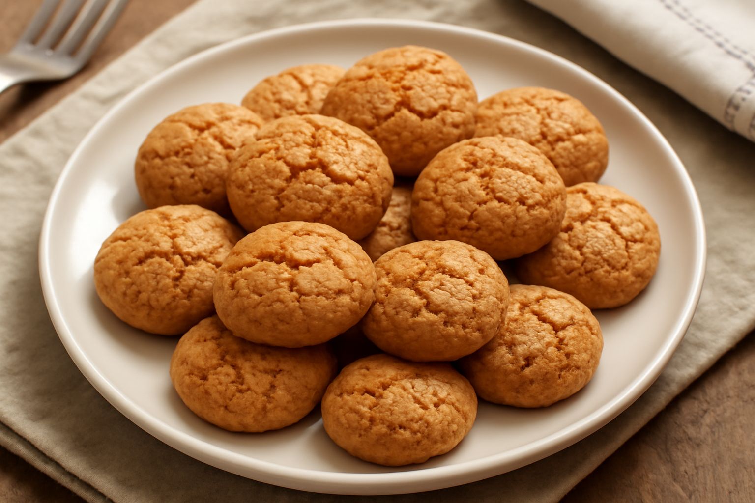 Amaretti dorati e croccanti disposti su un piatto bianco, con superficie screpolata caratteristica, accanto a mandorle sgusciate e due chicchi di caffè