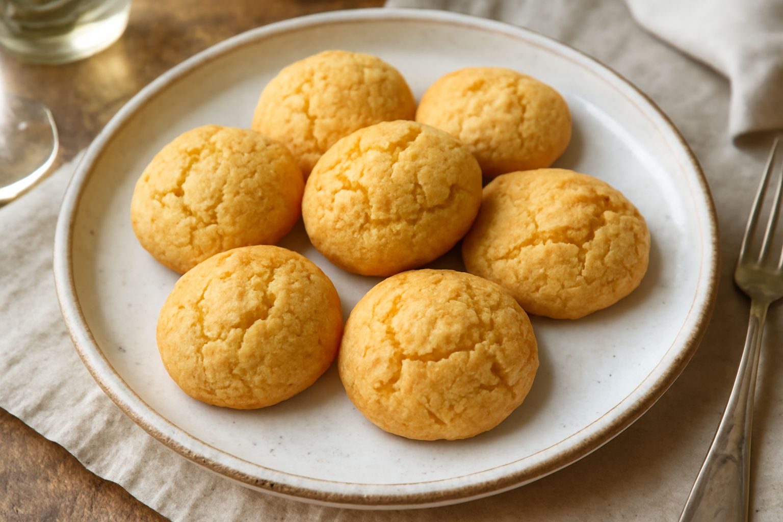 Amaretti calabresi dorati e screpolati in superficie, impilati in una ciotola di ceramica, con una mandorla spezzata in primo piano su sfondo beige