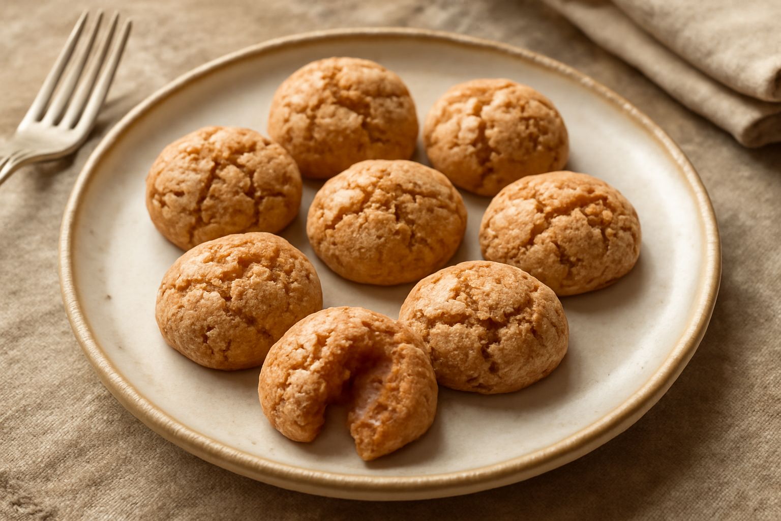 Amaretti di Alba dorati e screpolati sulla superficie, impilati in coppia su un piatto bianco, con noccioli di mandorla visibili sulla carta da forno