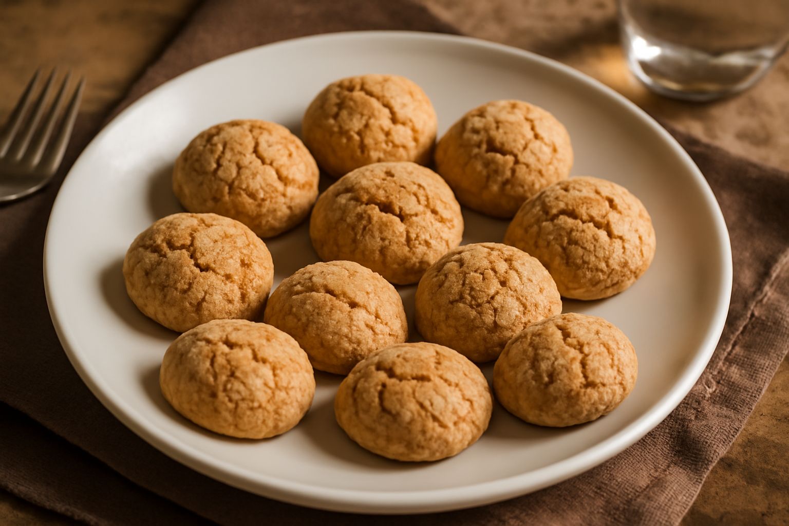 Amaretti di Ascoli color nocciola disposti su un piatto bianco, con caratteristica cuticola screpolata in superficie, luce naturale da finestra