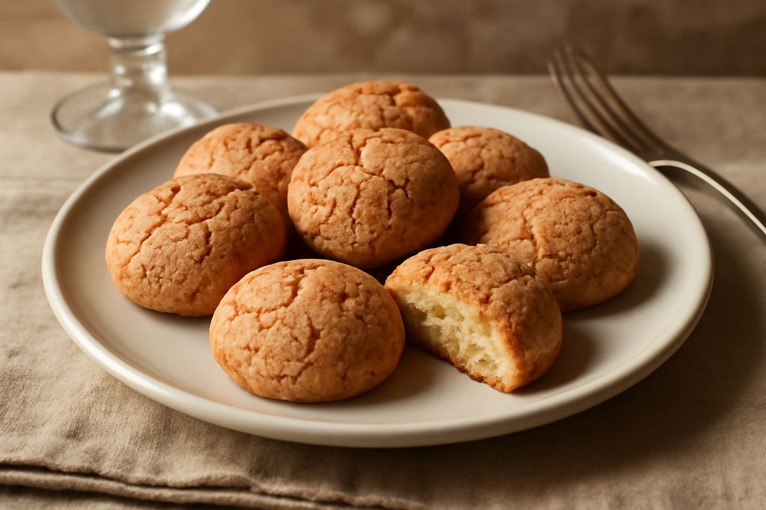 Amaretti di Asti impilati su carta marrone, con superficie marrone dorata screpolata al centro, texture croccante visibile, con mandorle tritissime visibili sulla superficie