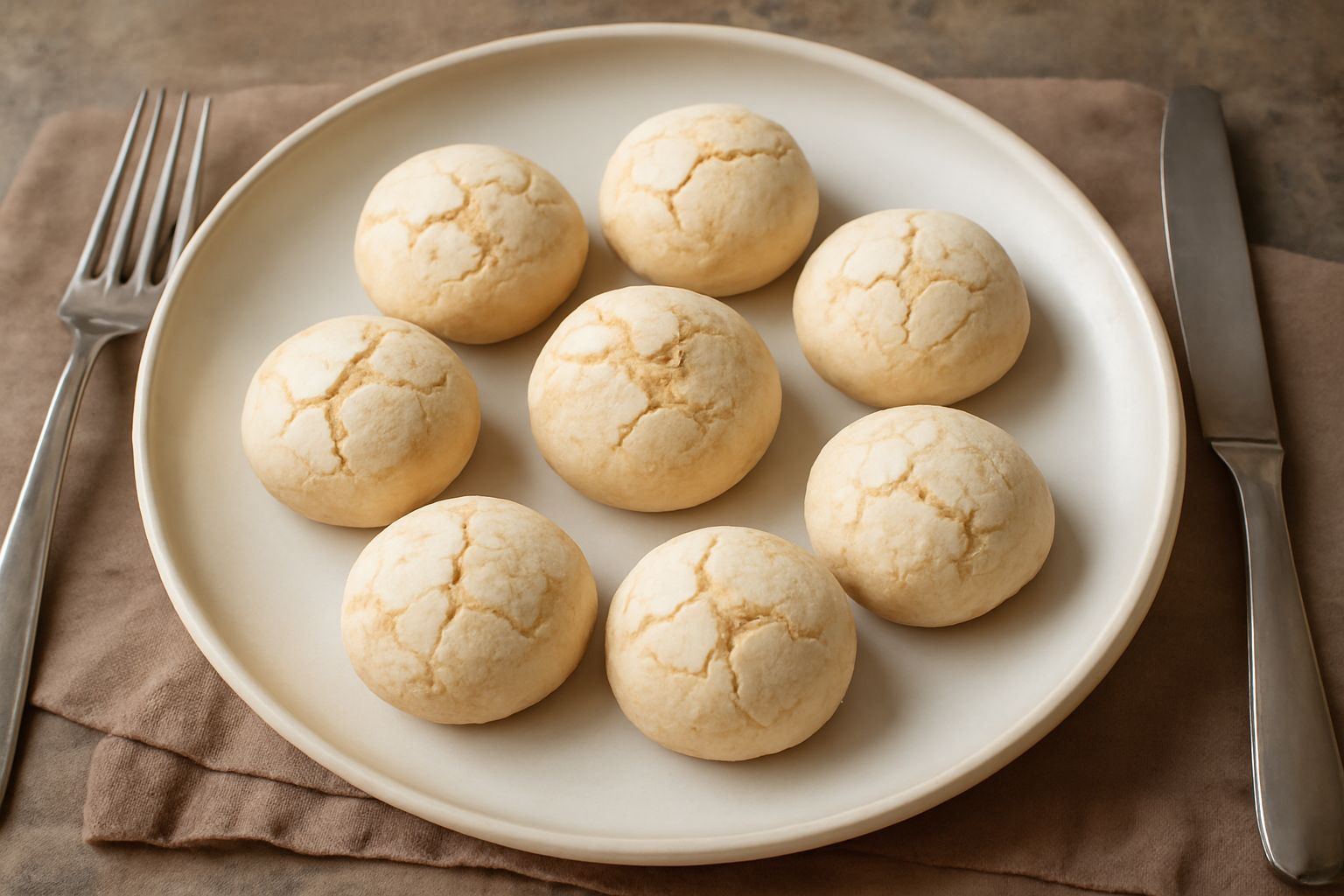 Amaretti di Atri disposti su una carta da forno, biscotti tondi color avorio con la caratteristica screpolatura in superficie, superficie leggermente lucida e spaccata, su sfondo neutro
