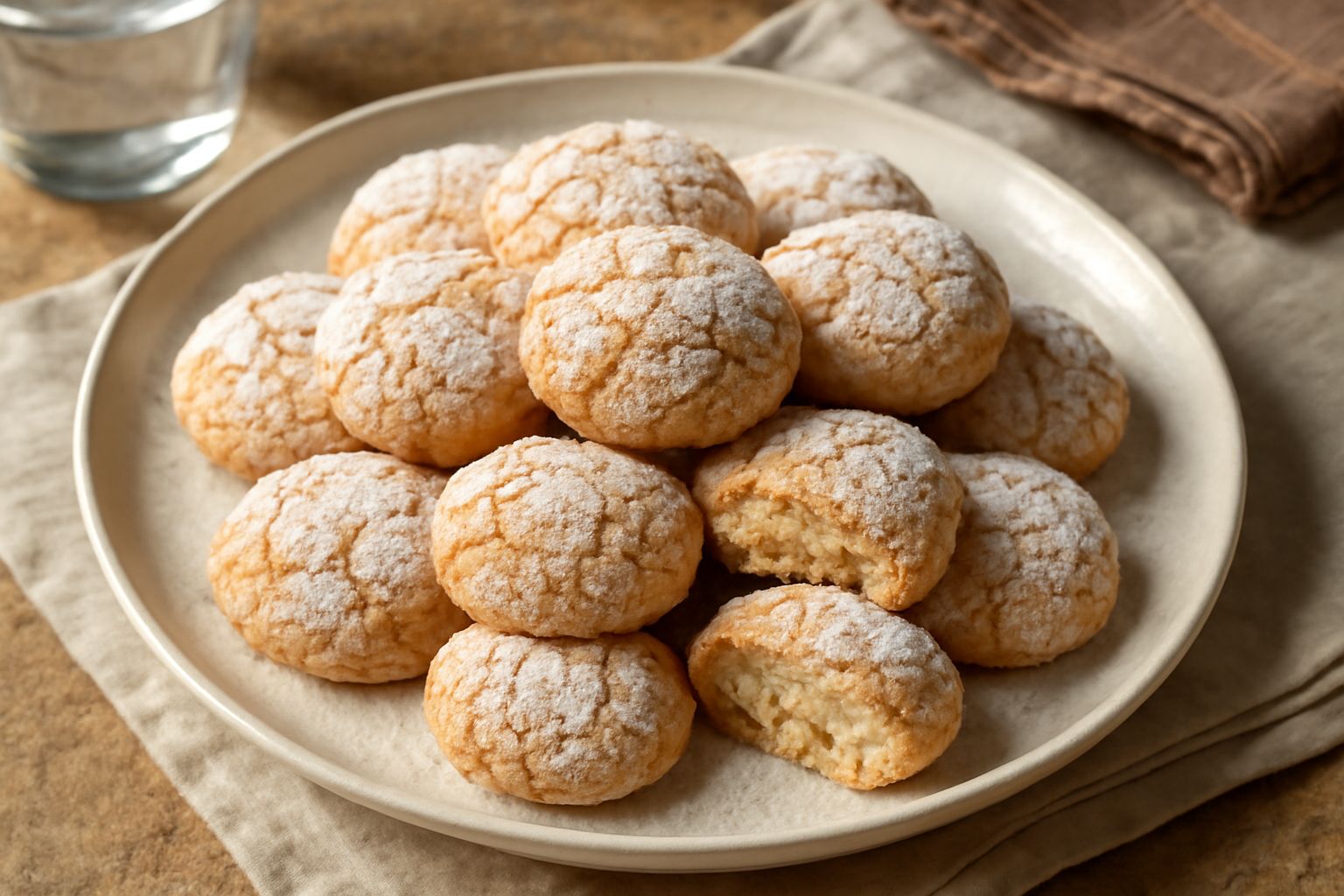 Amaretti di Cremona disposti su una carta bianca, tondi e leggermente rigonfi, con corazza screpolata dorata e spolverata di zucchero a velo, in primo piano due biscotti spezzati che mostrano l'intern