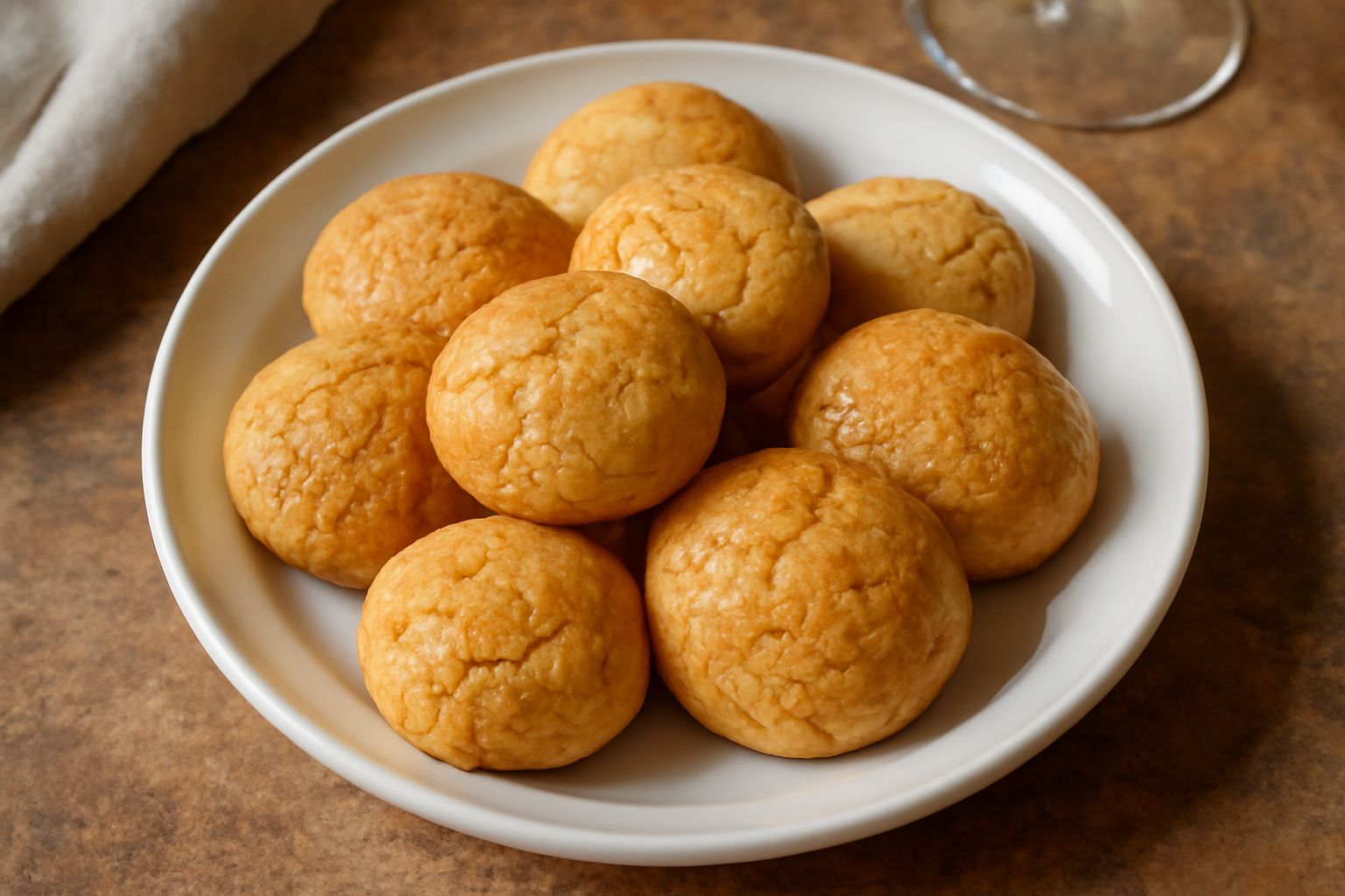 Amaretti di Livorno dorati e croccanti disposti su un piatto bianco, con una leggera crepa sulla superficie. Sullo sfondo una tazza di caffè e mandorle sgusciate.