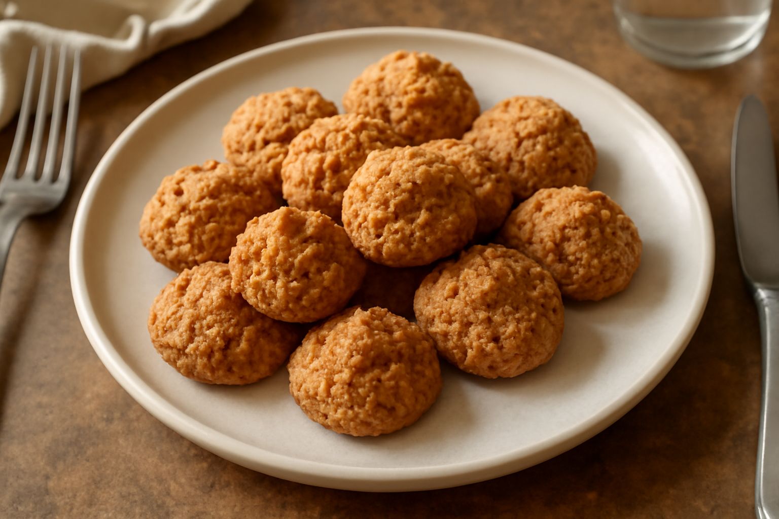 Amaretti di Montescaglioso disposti su un piatto bianco. Biscotti piccoli e irregolari, color marrone dorato con la superficie screpolata e leggermente rugosa, alcuni interi e alcuni spezzati per most