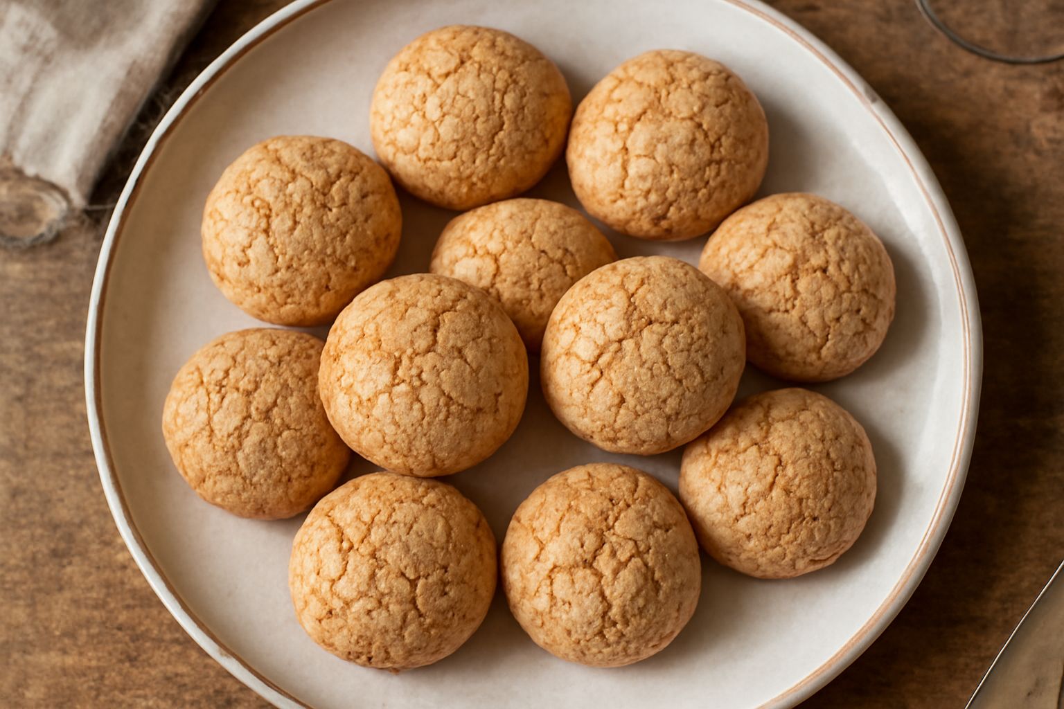 Una dozzina di amaretti tondi e dorati con la caratteristica spaccatura in cima, disposti su un piatto di ceramica bianca, con leggera polverina di zucchero visibile sulla superficie