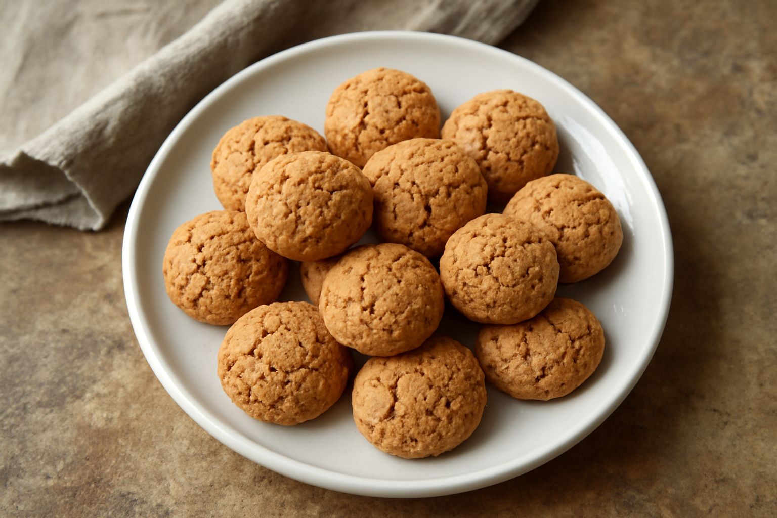Amaretti di Ostra dorati e screpolati disposti su piatto bianco, superficie rugosa e croccante, interno visibile leggermente rosato, forma tonda circa 4 centimetri di diametro