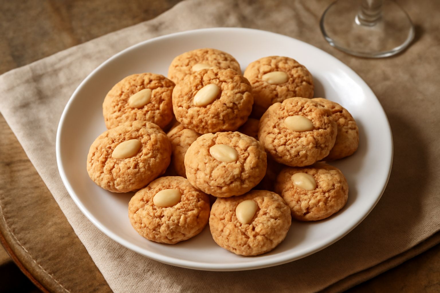 Amaretti di Piacenza dorati e croccanti disposti su una carta biancastra, con mandorle visibili nella sezione trasversale, superficie irregolare con crepe caratteristiche sulla sommità