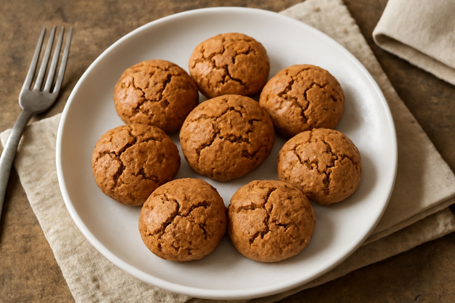 Amaretti di Salerno dorati e croccanti disposti su un piatto di ceramica bianca, con crepe caratteristiche sulla superficie, sfondo neutro chiaro