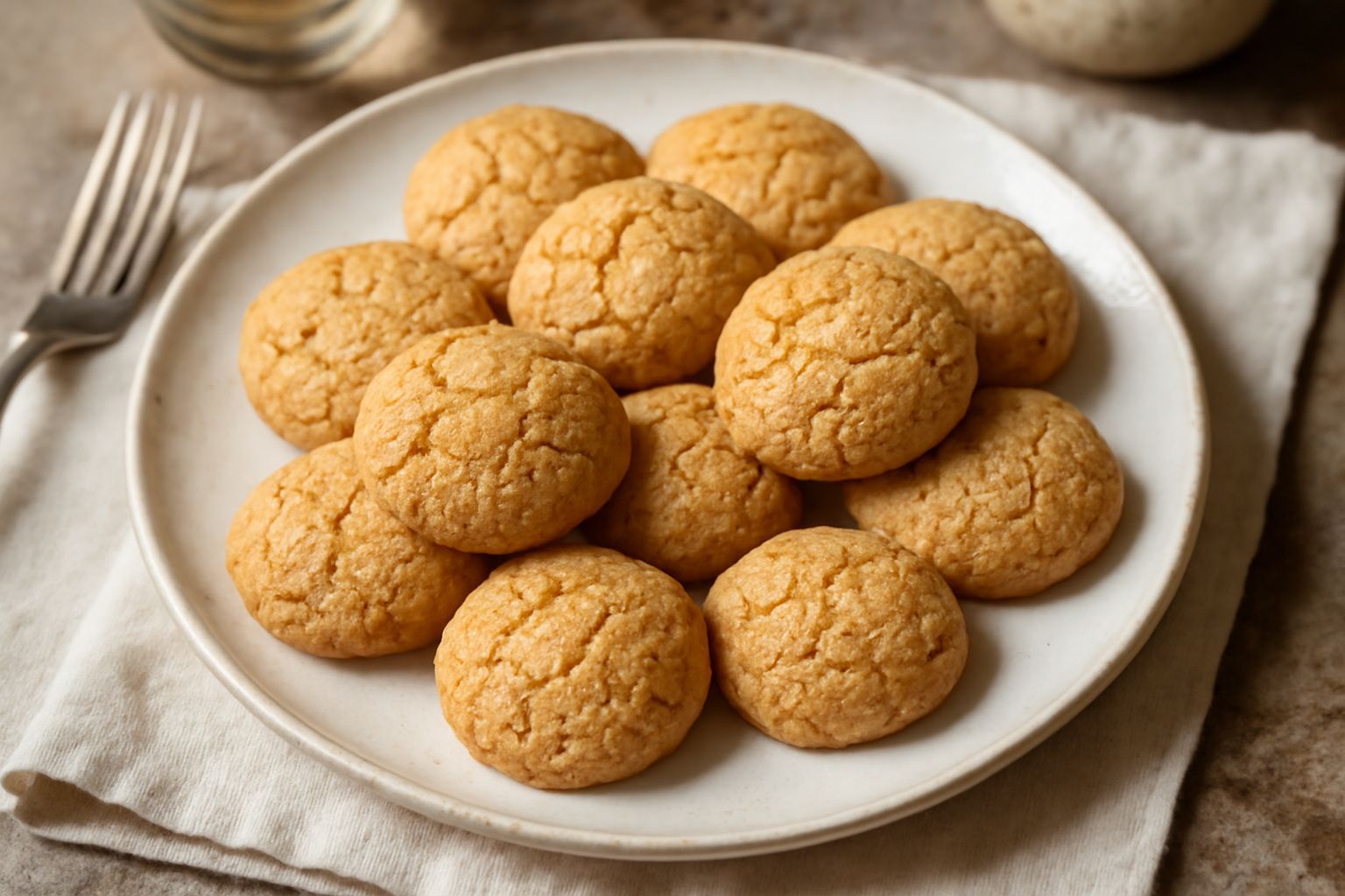 Amaretti dorati e croccanti impilati in una ciotola di ceramica bianca, con mandorle sgusciate e zucchero semolato sparsi intorno