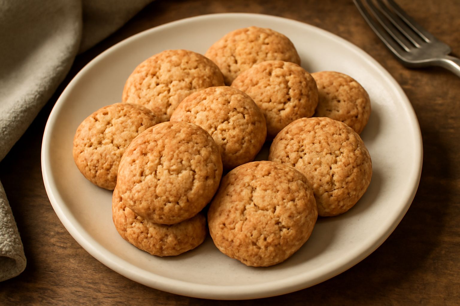 Amaretti di Saluzzo rotondi e dorati, croccanti alla vista, disposti su un piatto bianco. Superficie rugosa e screpolata, mandorle visibili, leggera doratura. Sfondo neutro.