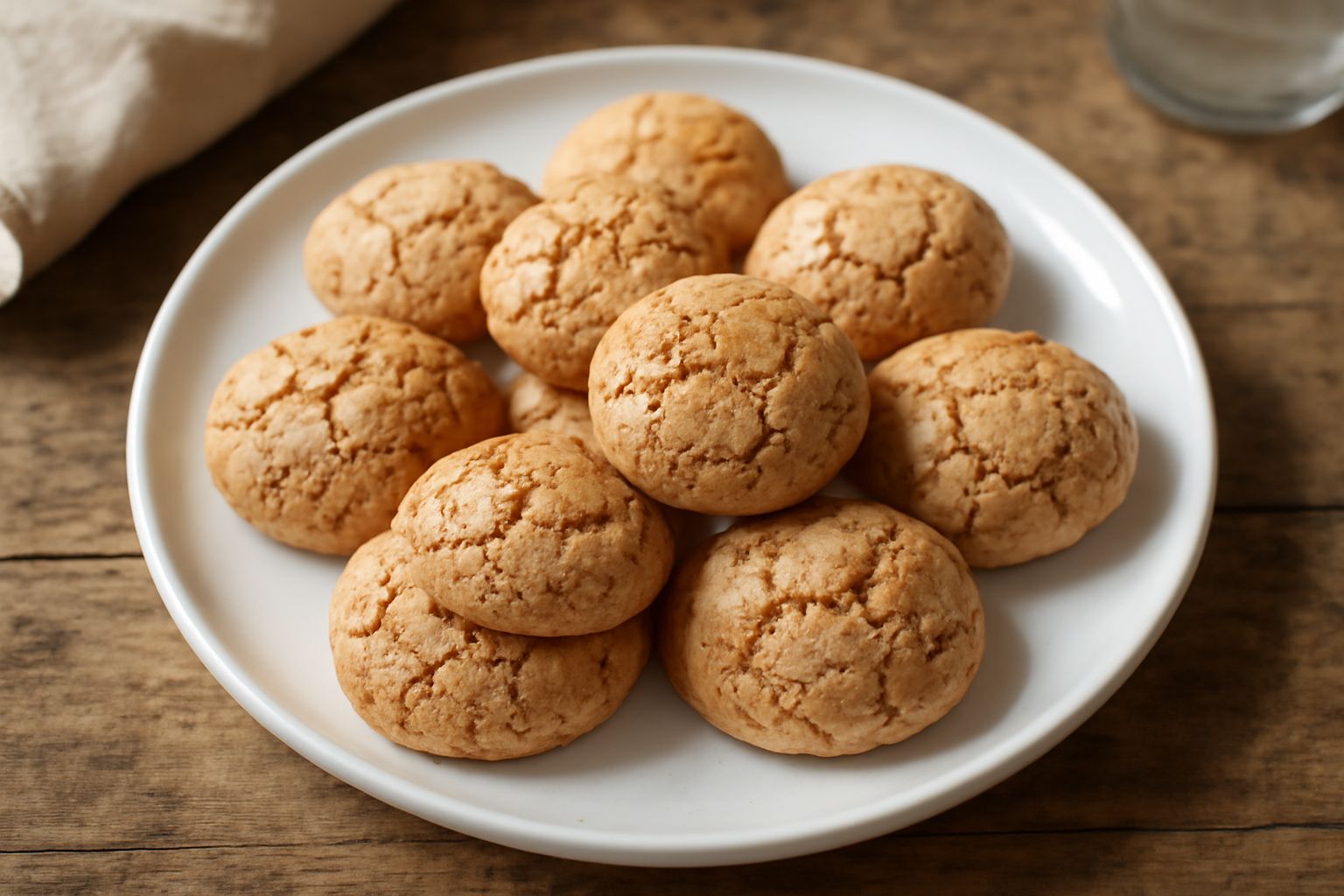 Amaretti di Saronno dorati e croccanti disposti su un piatto bianco, con carta pergamena sotto, una tazza di caffè sfocata sullo sfondo e qualche mandorla sbucciata accanto