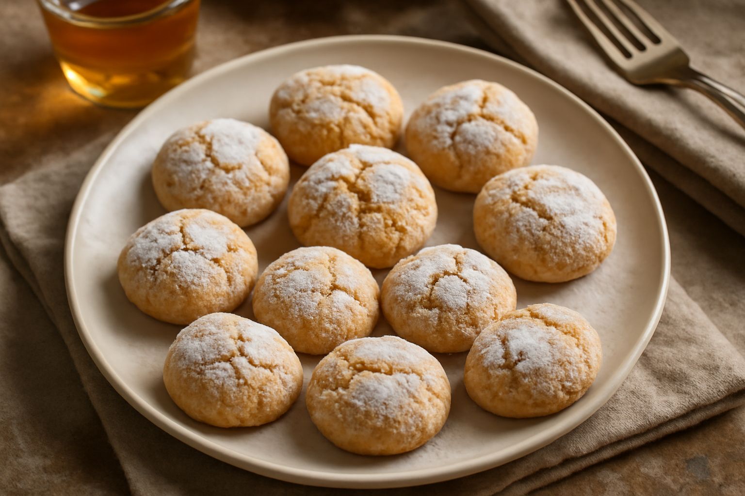 Amaretti ferraresi disposti su carta bianca, color avorio con screziature marroni sulla superficie, ricoperti parzialmente da zucchero a velo, con texture croccante e lievemente screpolata nella parte