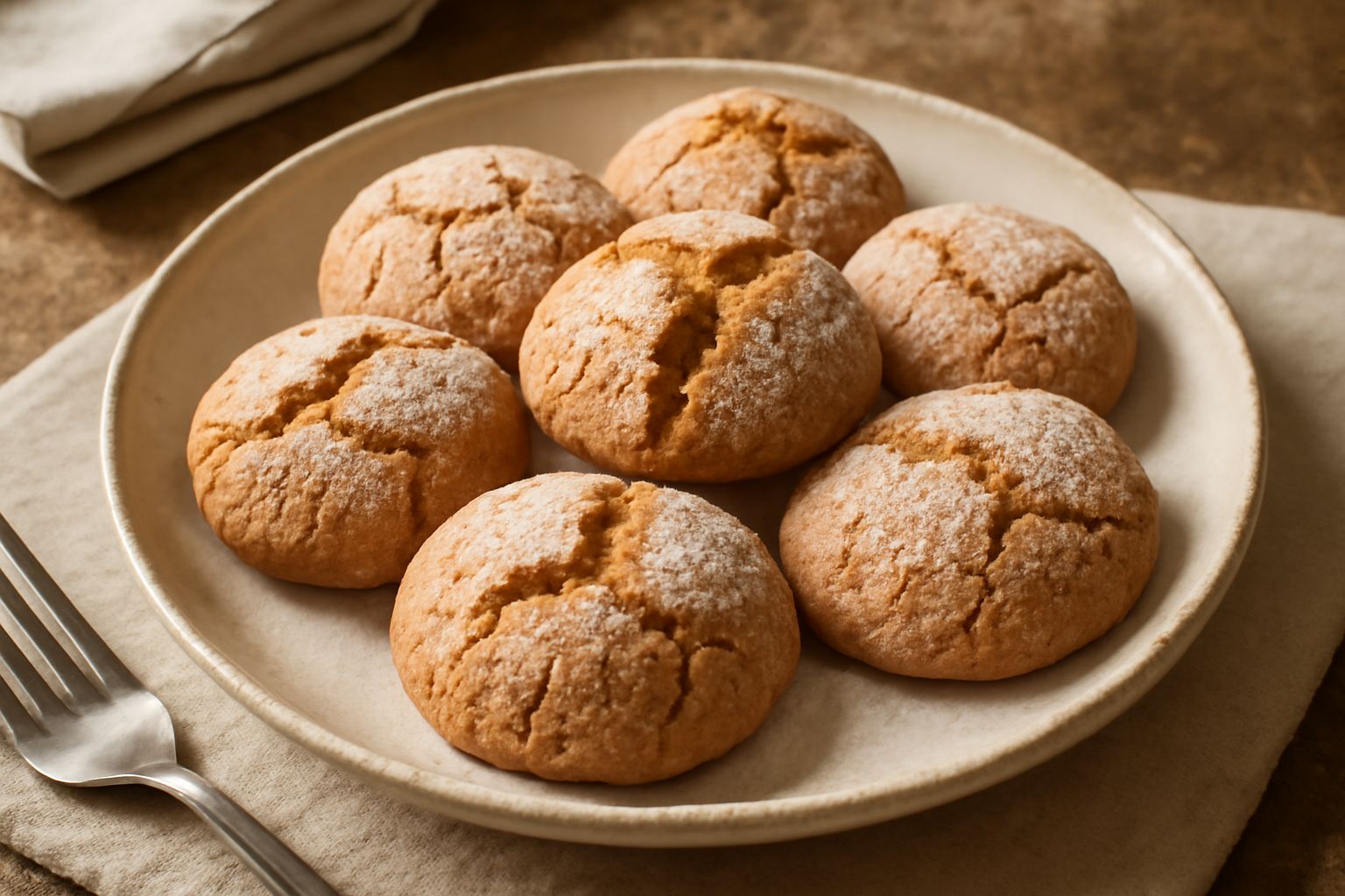 Amaretti di Sassari disposti su carta bianca, biscotti rotondi con superficie croccante screpolata, colore marrone chiaro e leggera polveratura di zucchero, accanto a qualche mandorla sgusciata
