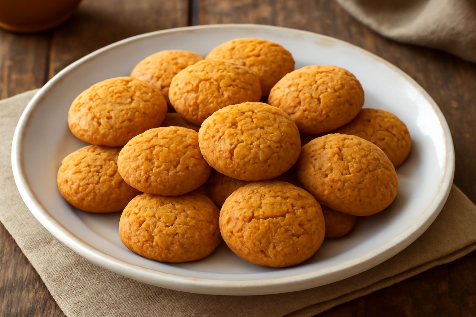 Amaretti di Sassello dorati e croccanti disposti su un piatto bianco, con mandorle sgusciate intere sullo sfondo e zucchero a velo sparso intorno