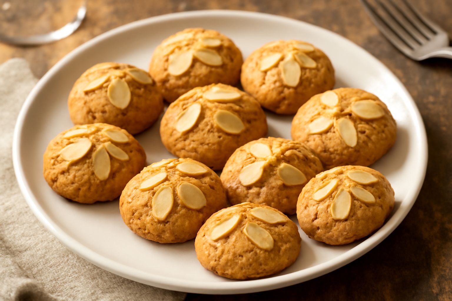 Una dozzina di amaretti tondi e dorati disposti su una carta bianca, con una leggera crepa sulla superficie superiore, mandorle intere visibili intorno al biscotto